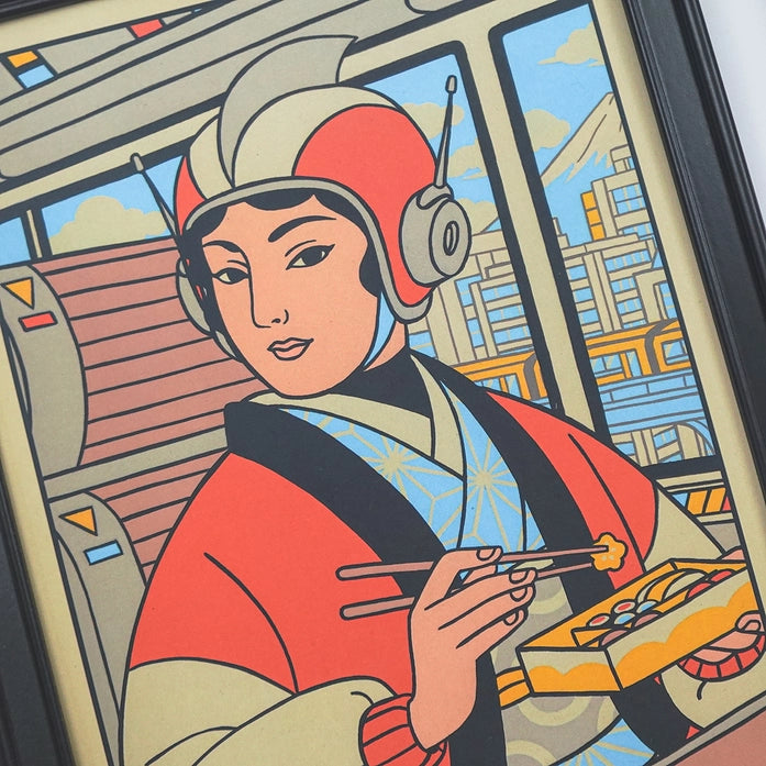 Retro-futurist illustration of a Japanese woman eating lunch on a train, created by Yeaaah! Studio, with Mount Fuji and cityscape in the background – bold graphic print in red, blue, and beige tones.