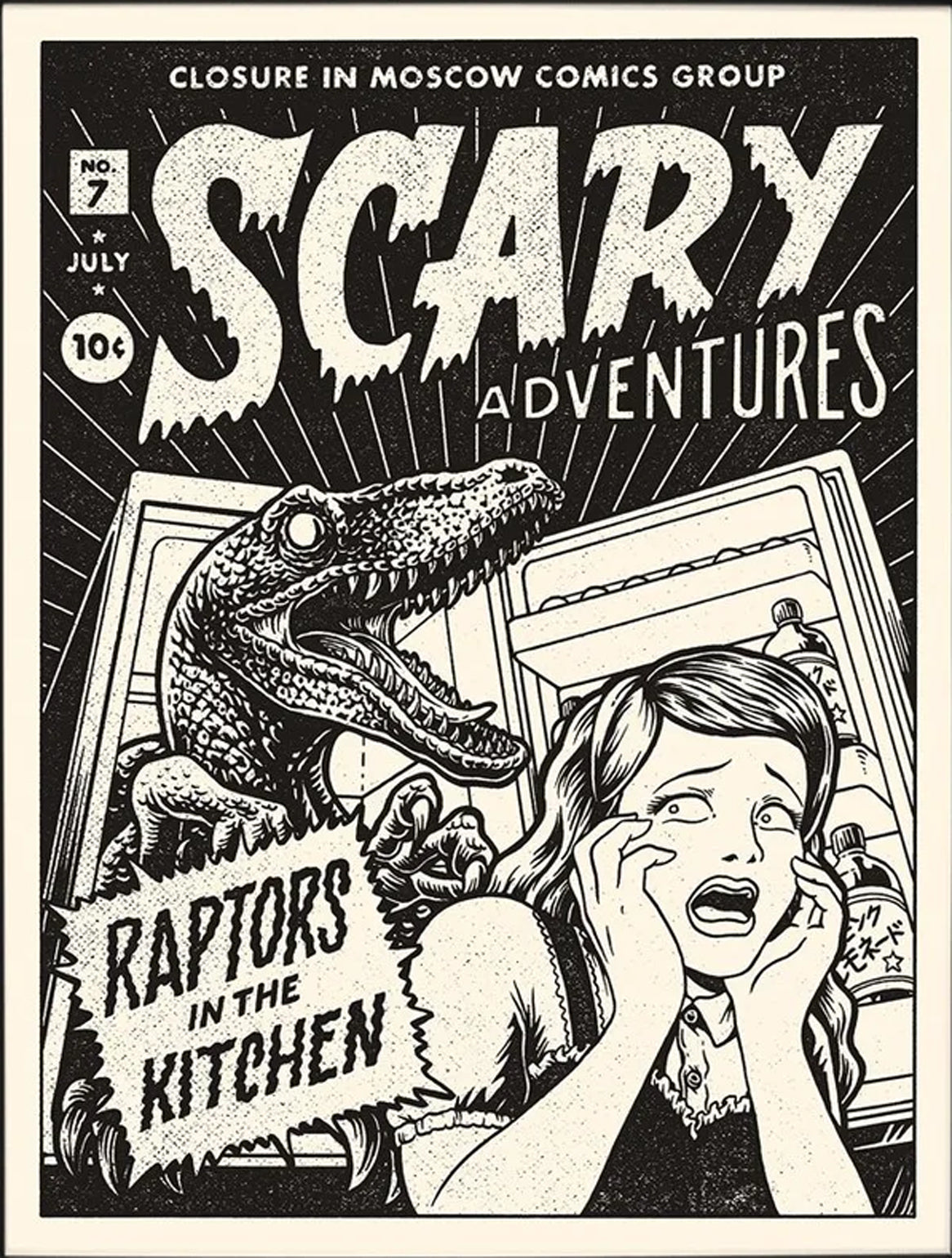 Raptor art print by Yeaaah! Studio featuring retro black-and-white comic cover design with a terrified woman, an open fridge, and a velociraptor inside. Includes text “Raptors in the Kitchen,” printed on 30x40 cm Old Mill Premium White 300g paper, digital print, unframed, made in France.