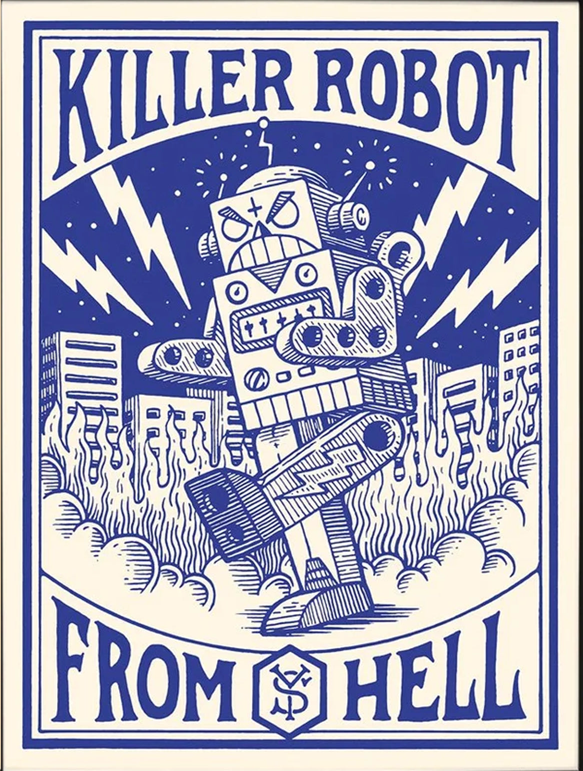 Killer Robot art print by Yeaaah! Studio, featuring a vintage comic-style blue robot destroying a city with lightning bolts and flames in the background. Retro pulp sci-fi illustration printed on 300g Old Mill Premium White paper, 30x40 cm, made in France, unframed.