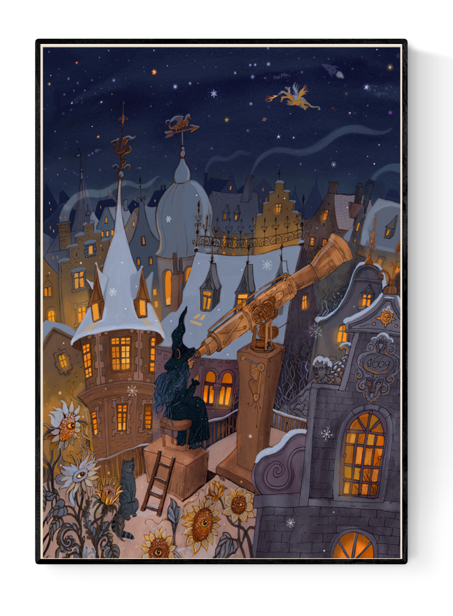 A4 Giclée print titled "Winter Star Gazer" by Lena Yampolski, featuring a whimsical witch on a rooftop in snowy Brussels using a telescope, surrounded by sunflowers, folk architecture, and a winter night sky.