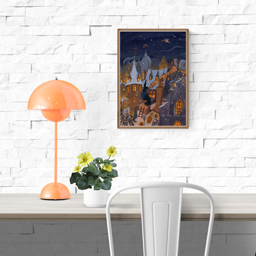 A4 Giclée print titled "Winter Star Gazer" by Lena Yampolski, featuring a whimsical witch on a rooftop in snowy Brussels using a telescope, surrounded by sunflowers, folk architecture, and a winter night sky.