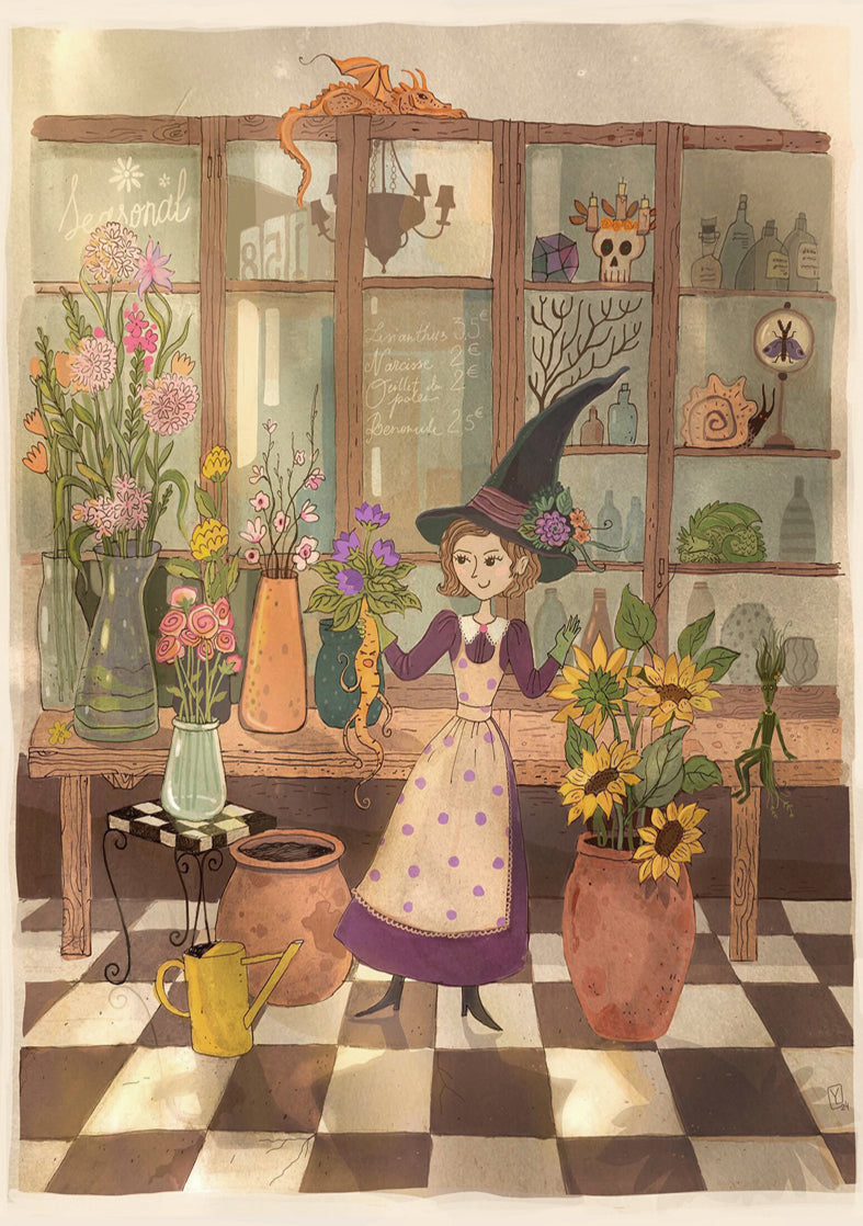 Illustration by Lena Yampolski showing a witch arranging magical flowers in a cozy botanical shop, surrounded by sunflowers, mandrakes, potions and fantasy creatures, in warm earthy tones.