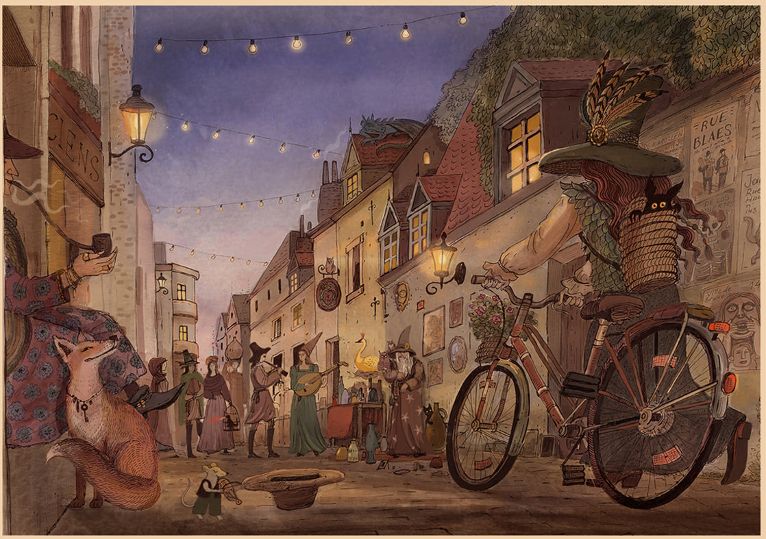 Whimsical illustration of a magical Brussels street by night with lanterns, costumed characters, and animals by Lena Yampolski – A4 fantasy folklore giclée print.