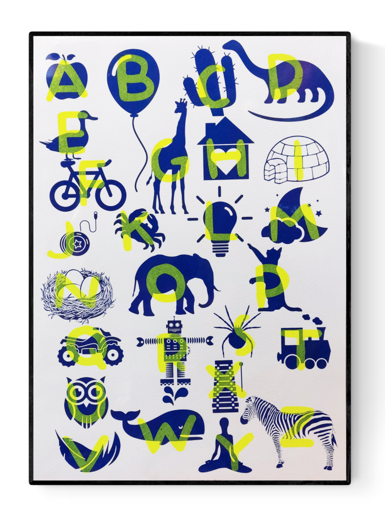 Playful and educational alphabet poster by Studio Frits featuring bold letters paired with charming red-blue or blue-yellow illustrations of animals, objects, and everyday items. Designed in a fun, screen-printed style perfect for children's rooms, classrooms, or creative spaces—an eye-catching blend of learning and modern design