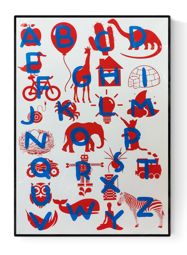 Playful and educational alphabet poster by De Zeverij featuring bold letters paired with charming red-blue or blue-yellow illustrations of animals, objects, and everyday items. Designed in a fun, screen-printed style perfect for children's rooms, classrooms, or creative spaces—an eye-catching blend of learning and modern design