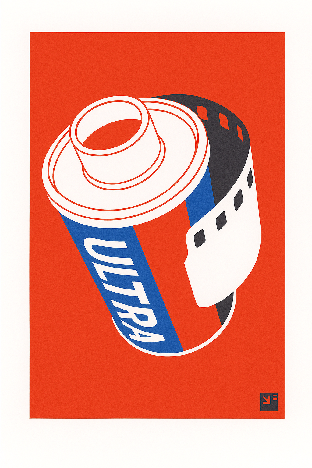 "Film Roll" by VrijFormaat – bold minimalist illustration of a retro 35mm film canister labeled “Ultra” in red, white, and blue, evoking vintage photography nostalgia and modern pop art aesthetics; a perfect gift for analog film lovers and creative wall decor, available at Galerie Frits