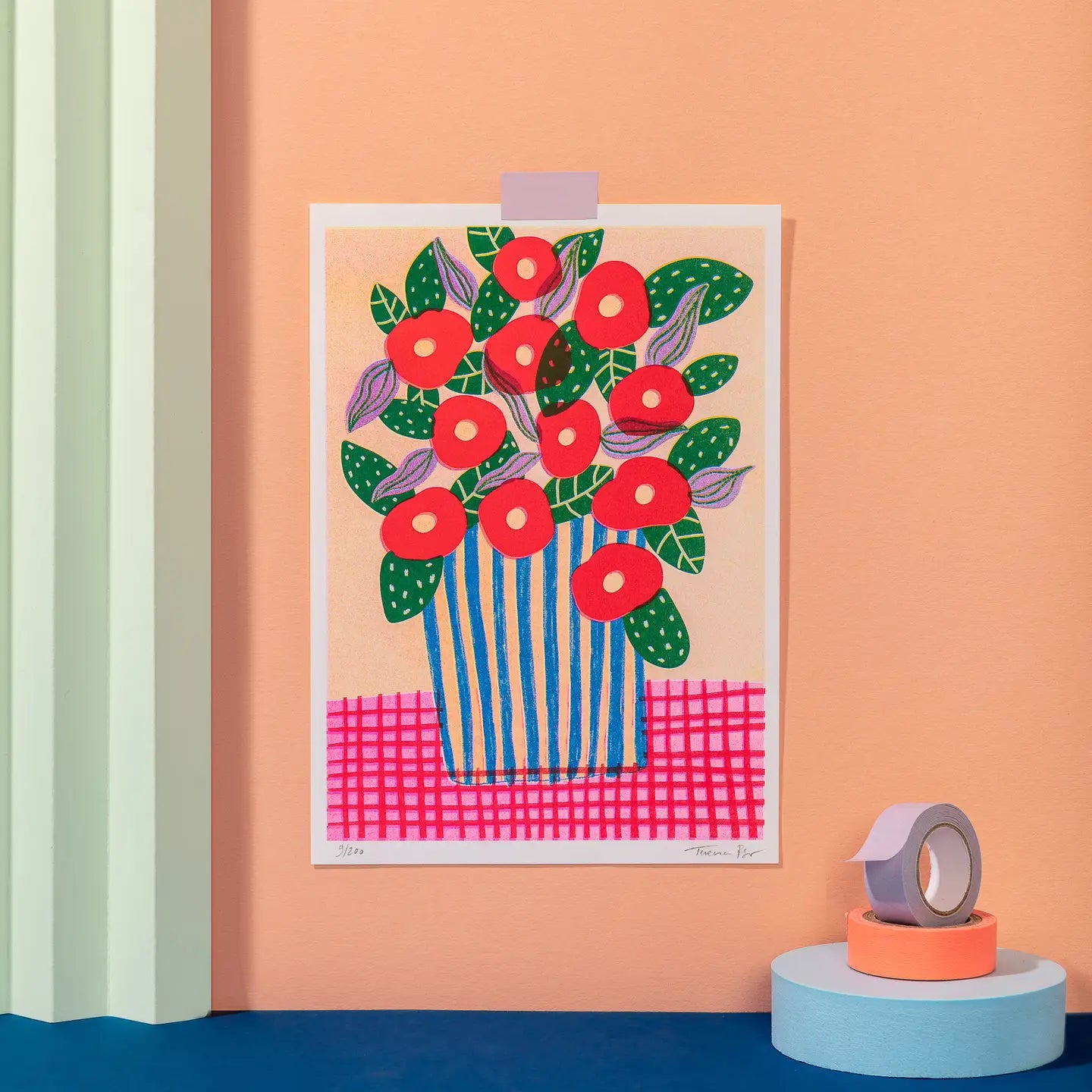 Colorful art print of red poppies in a striped vase by Teresa Rego – bold floral illustration with green leaves, purple accents and a pink checkered tablecloth, perfect for brightening up modern interiors