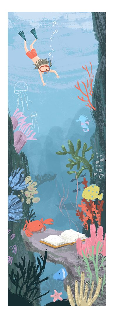Adventure giclée art print by Willy Leung in vertical format showing an underwater exploration scene with a diver, sea life, and an open book, printed on fine art paper.