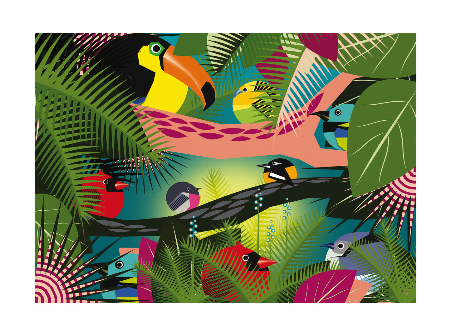 Bold and colorful jungle scene illustration by Studio Frits featuring a lively mix of exotic birds—including toucans and tropical songbirds—nestled among lush green leaves and graphic foliage. A striking, contemporary art print that brings the vibrancy of the Amazon rainforest into your space—perfect for modern interiors, bird lovers, and nature-inspired decor