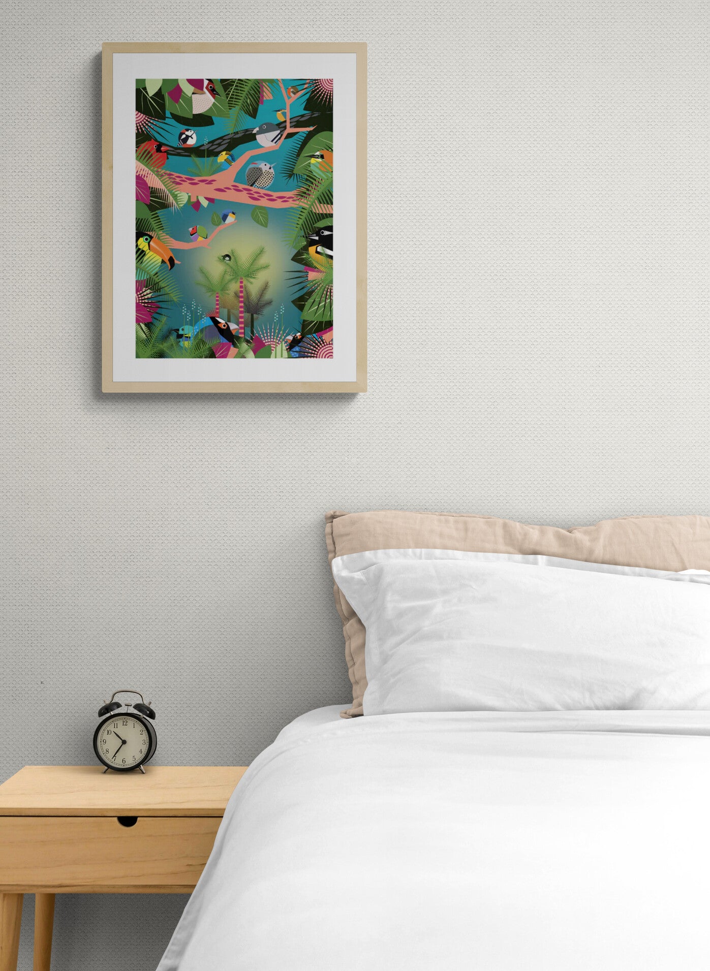 Vibrant jungle-themed illustration by Studio Frits featuring a lush tropical canopy filled with colorful exotic birds perched on graphic pink and black branches. Set against a dreamy teal-green background with bold botanical elements, this dynamic art print captures the rich biodiversity of the Amazon—perfect for brightening up modern interiors, kids’ rooms, or nature-inspired spaces