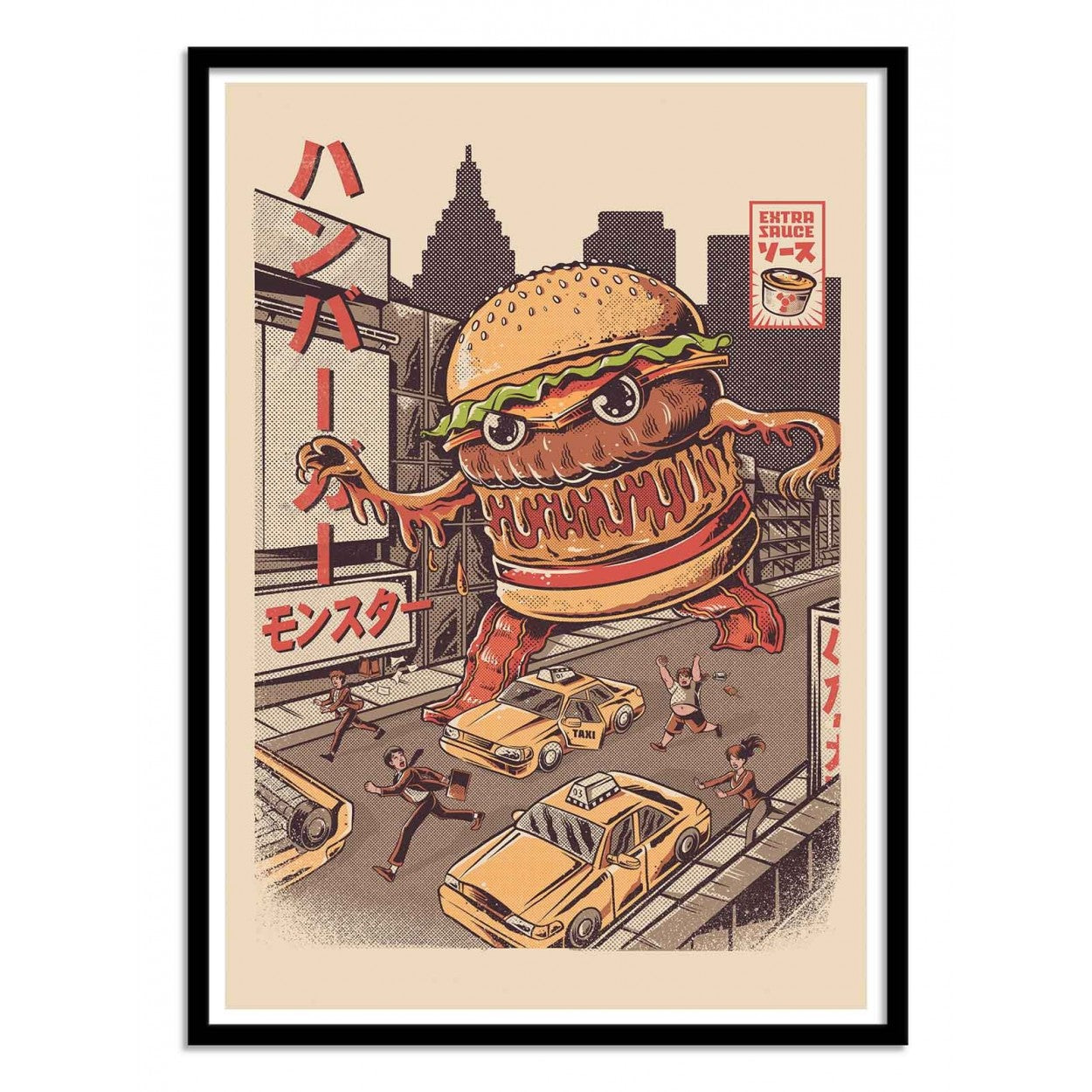 Burgerzilla by Illustrata – 30x40 cm retro pop art print featuring a giant anthropomorphic hamburger Kaiju monster rampaging through a city with taxis and fleeing people. Vintage Japanese poster style, warm retro color palette, FSC-certified eco paper, printed in France, unframed wall art for fans of comics, cult cinema, and quirky illustrations.