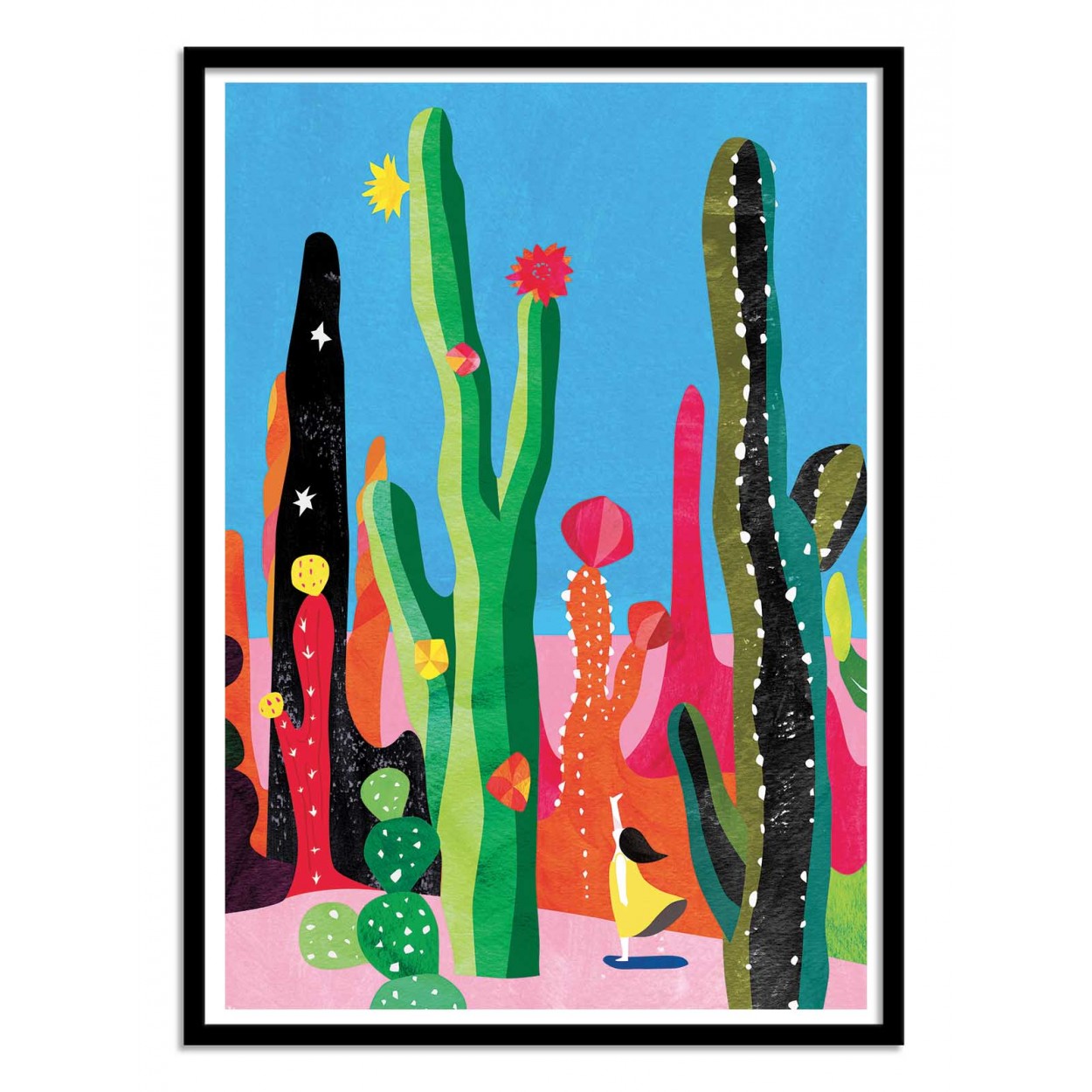 Cactus by Shihotana – 30x40 cm Japanese art print featuring a whimsical girl exploring a surreal desert filled with tall, colorful cacti under a bright sky. Dreamlike illustration in vibrant tones, printed in France on FSC-certified eco paper, unframed wall art inspired by nature and fantasy worlds.