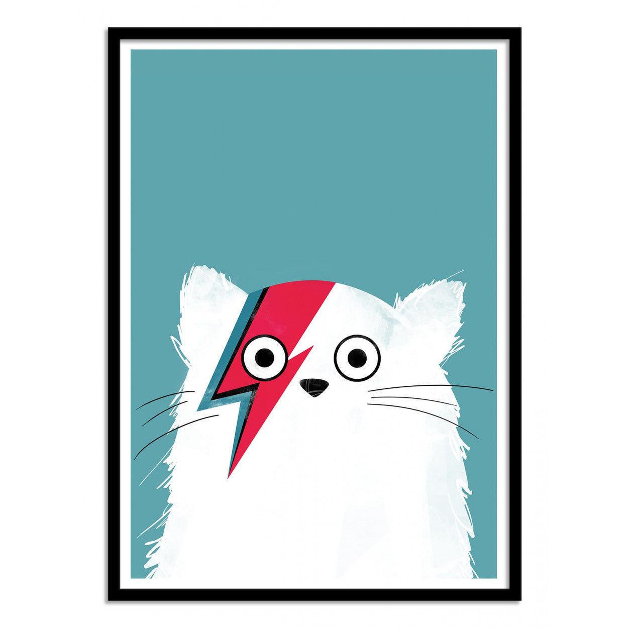 Cat Bowie White by Doozal – 30x40 cm art print of a white cat with David Bowie’s iconic red lightning bolt face paint on a teal background. Fun pop-culture wall art for kids’ bedrooms or modern interiors. Printed in France/EU on FSC-certified eco-friendly paper, unframed poster.