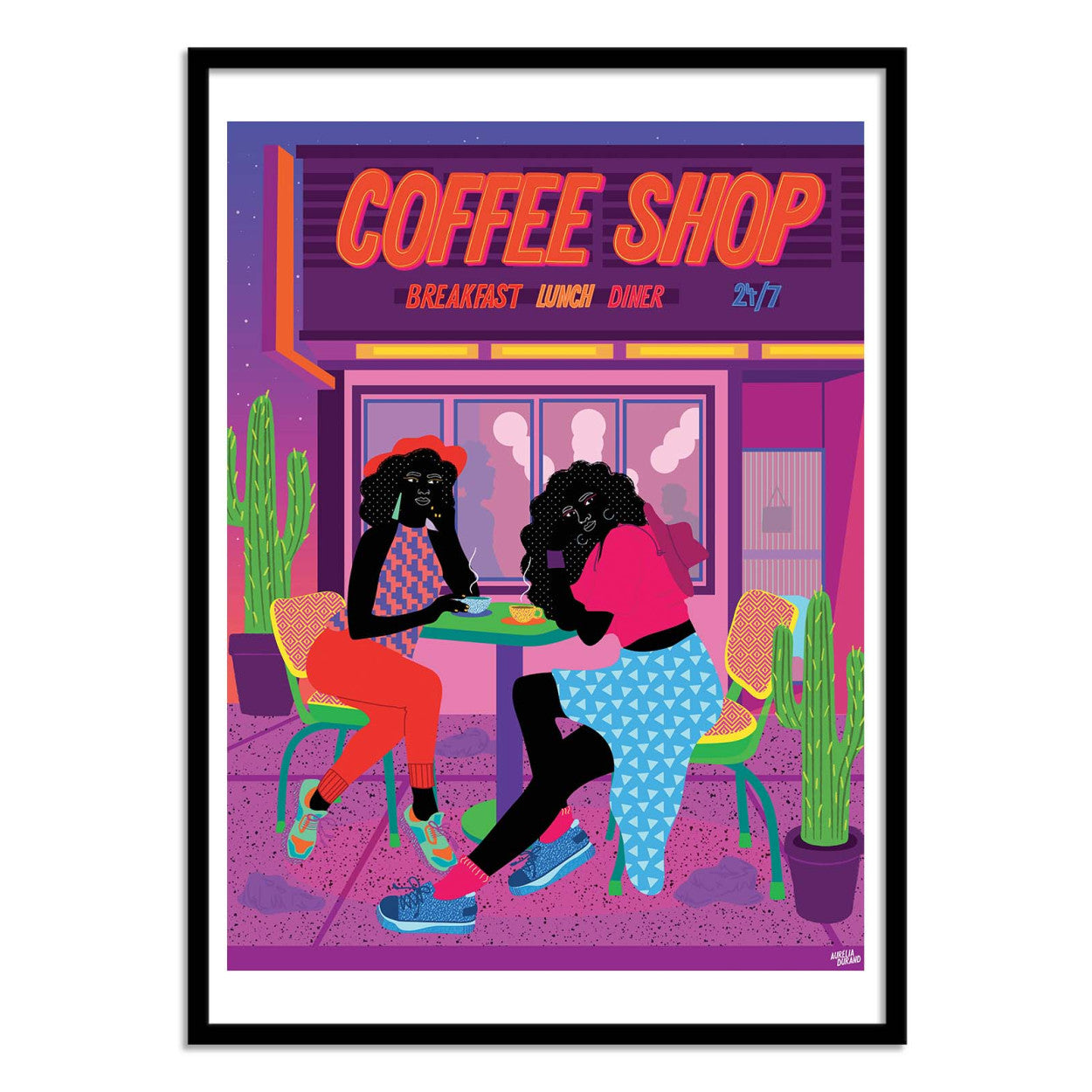 Dallas Coffee Shop by Aurélia Durand – 30x40 cm art print of two friends enjoying coffee outside a neon diner at night. Vibrant illustration full of bold colors, cacti, and cultural diversity, celebrating joy and connection. Printed in France on FSC-certified paper.