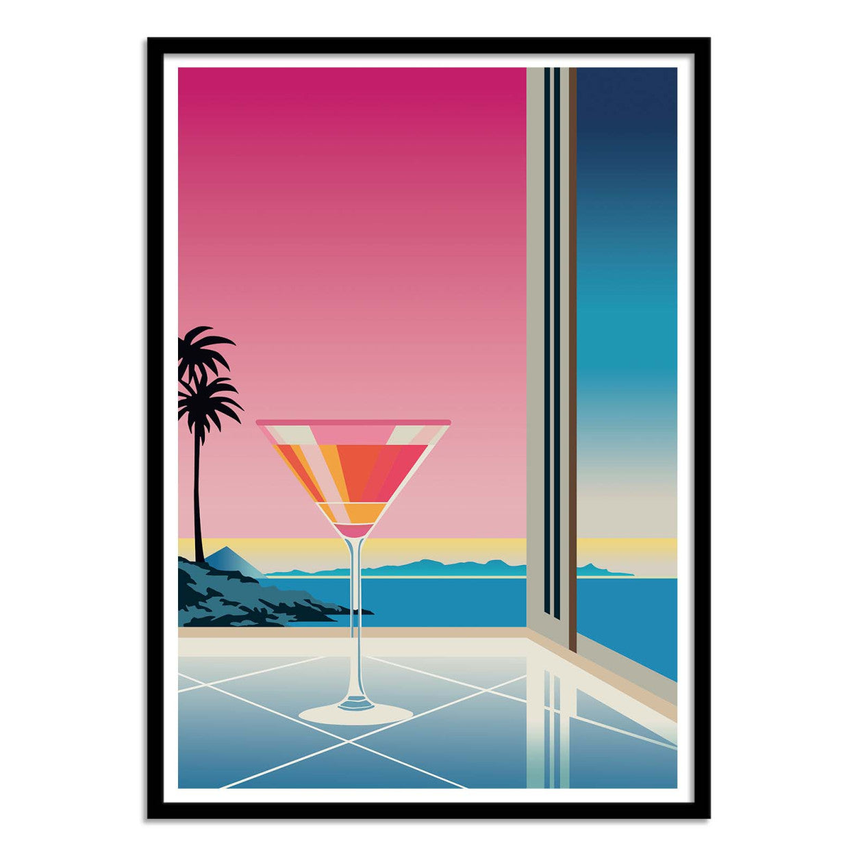 Fantasy Martini by Vistas Studio – 30x40 cm minimalist art print of a martini glass with a colorful sunset view by the sea. Elegant coastal wall art featuring palm trees, ocean horizon, and architectural lines. Perfect modern summer decor, printed on FSC-certified paper.