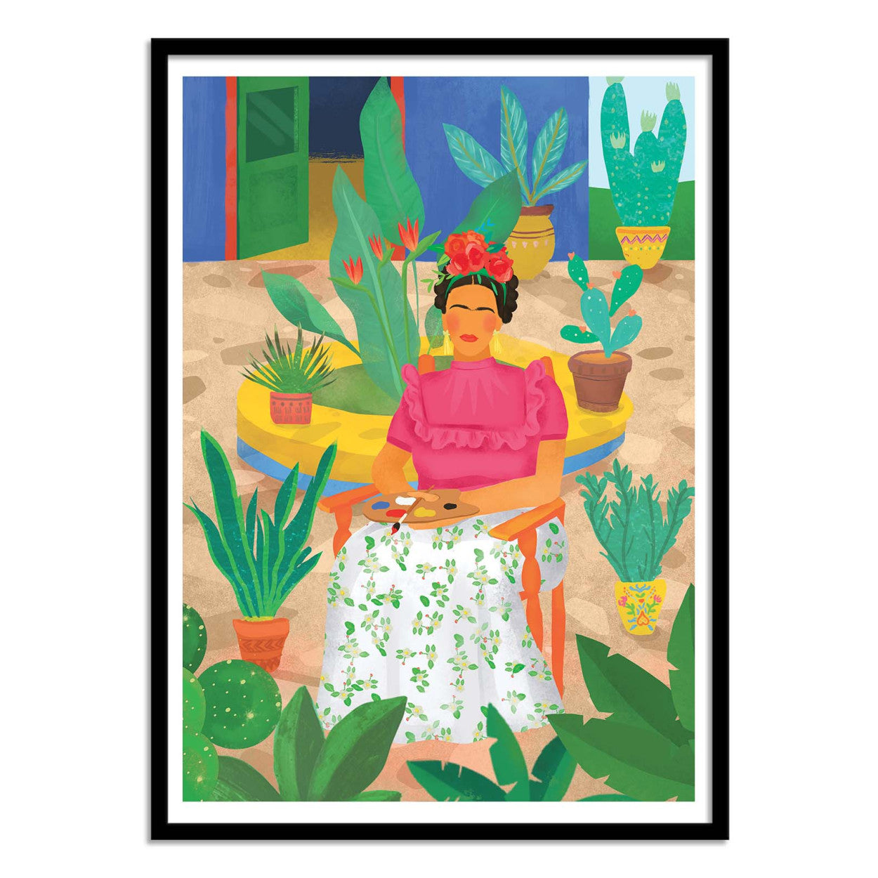 Frida by Petra Lizde – 30x40 cm colorful art print of Frida Kahlo seated in a garden with tropical plants. Vibrant Mexican-inspired wall art, botanical illustration, and bold portrait design perfect for adding creativity and warmth to interiors.