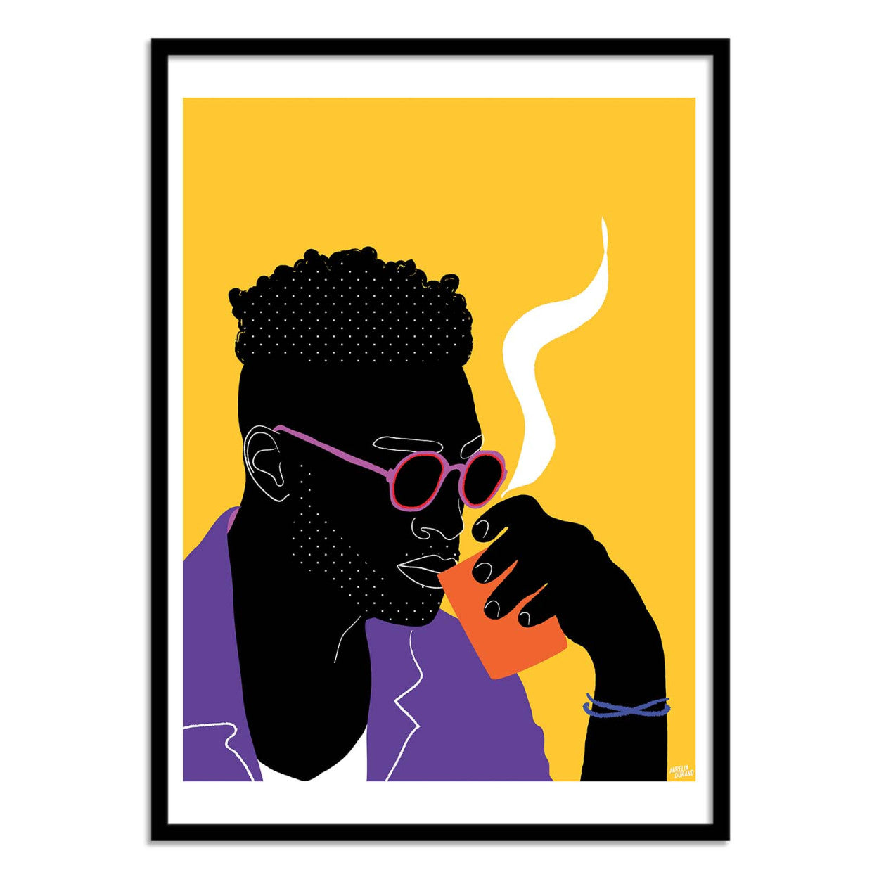 Haut en Couleurs V2 by Aurélia Durand – 30x40 cm colorful art print of a man drinking coffee, wearing purple sunglasses against a bright yellow background. Bold modern wall art celebrating diversity and vibrant pop culture style.