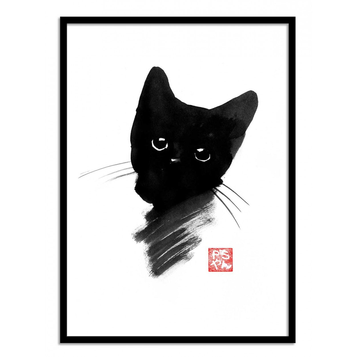 Black Kitty by Pechane Sumie – 30x40 cm Japanese sumi-e style art print of a black kitten with large expressive eyes, painted in bold black ink on white background. Minimalist cat wall art for elegant and zen interiors.