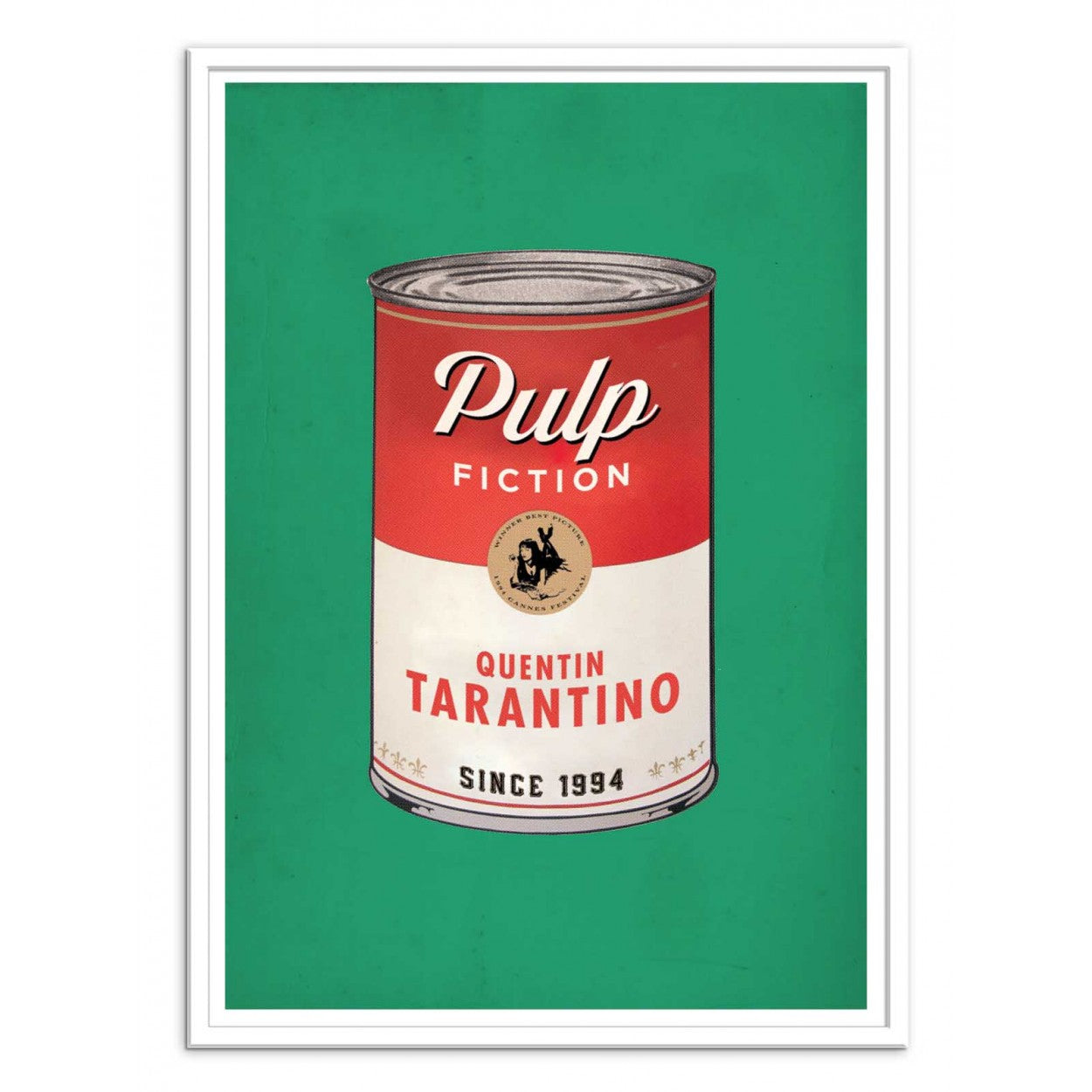Pulp Fiction by David Redon – 30x40 cm retro pop art poster featuring a vintage tin can design labeled Quentin Tarantino, with Mia Wallace illustration. Bold green background, perfect wall art for film lovers and pop culture fans.