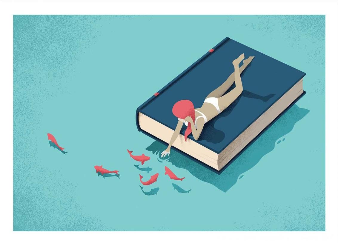 Art print Relaxing by Andrea de Santis showing a woman in a white swimsuit lying on a large blue book floating on turquoise water, reaching toward red fish — a surreal minimalist illustration symbolizing imagination, reading, and tranquility.