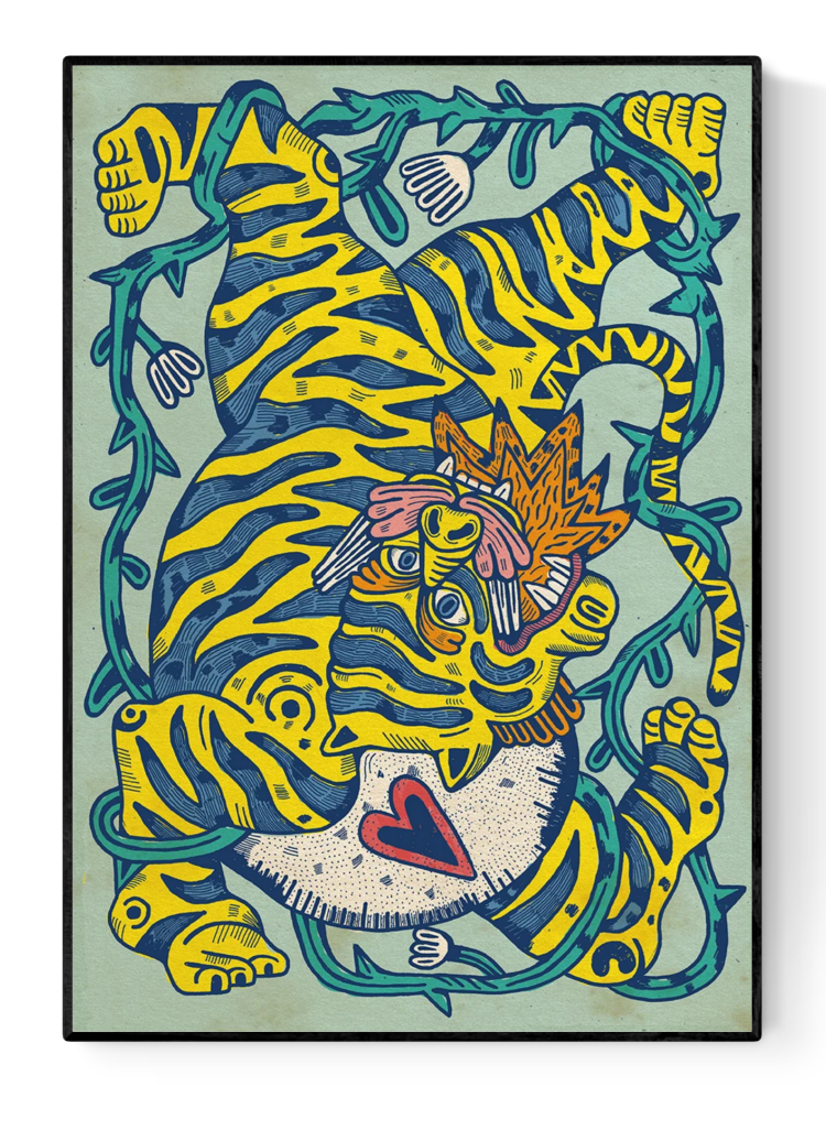 Fiera by Asis Percales – A3 art print of a yellow tiger entangled in jungle vines, bold tattoo-style lines, Mediterranean folk-inspired surreal illustration.