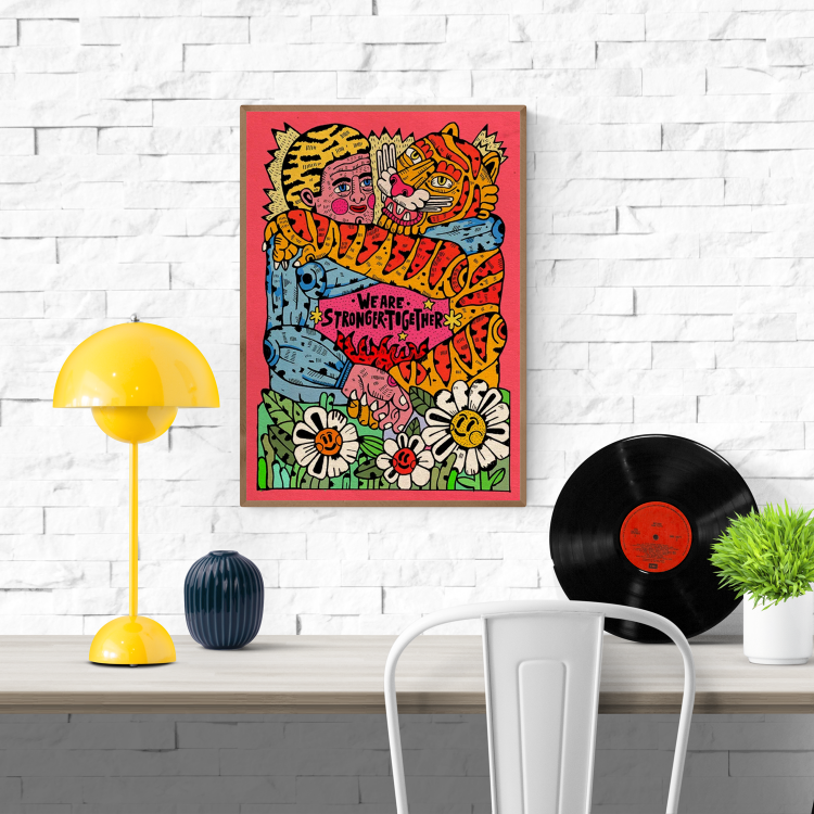 We Are Stronger Together by Asis Percales – A3 contemporary art print featuring a man and tiger hugging, colorful circus and tattoo-inspired Spanish illustration celebrating unity, strength, and resilience.