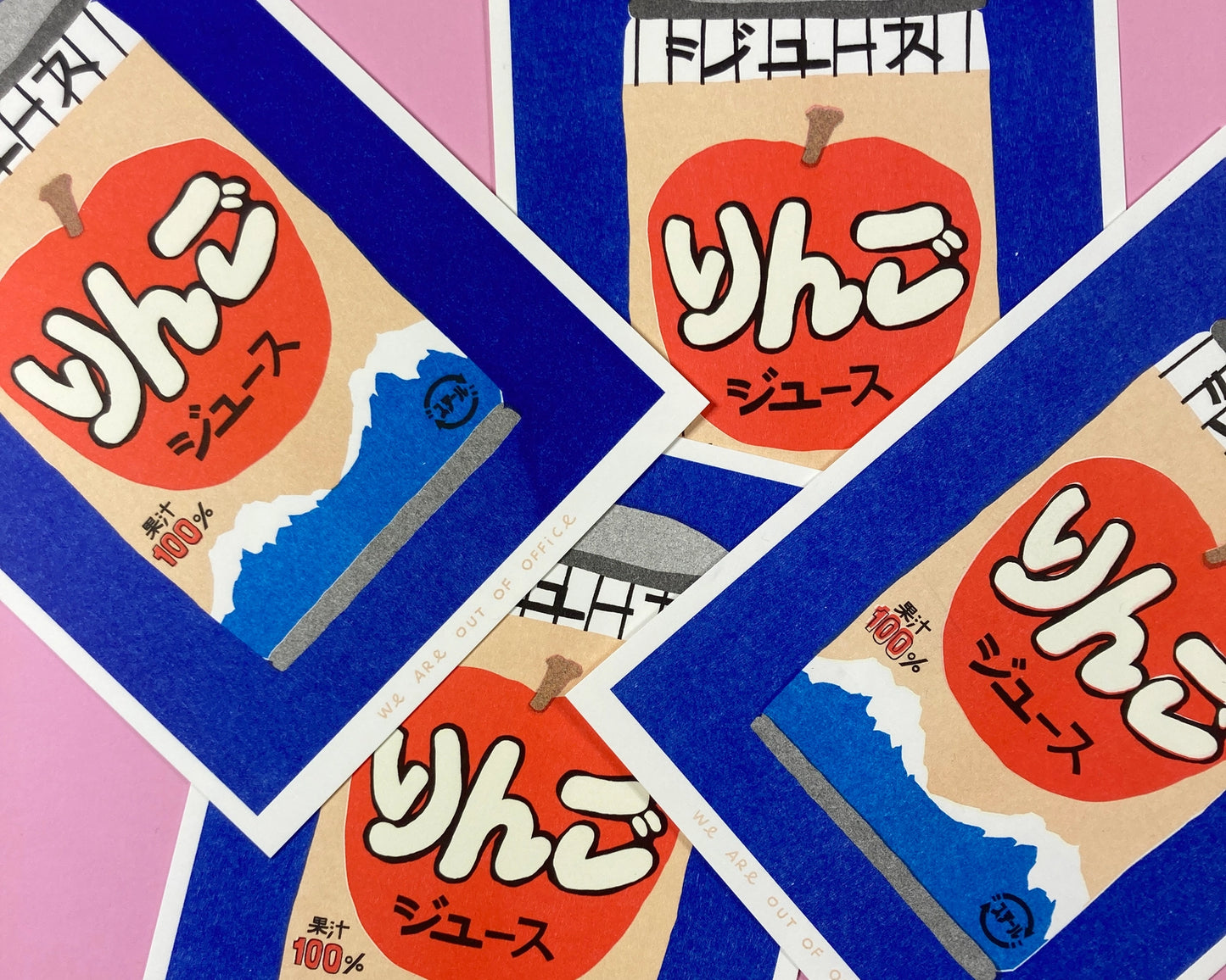 Colorful risograph print by We Are Out Of Office showing a can of Japanese apple juice with Mount Fuji in the background, printed in red, blue, and beige tones on eco-friendly paper – modern pop art wall decor for design lovers.