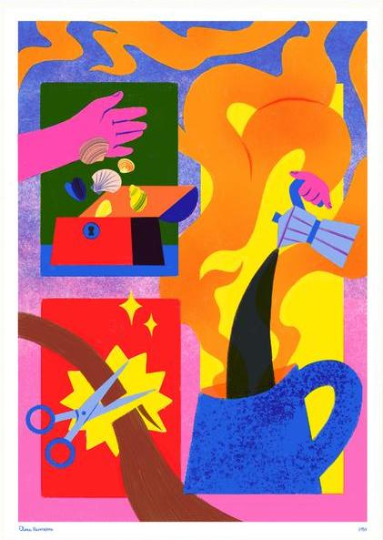 Limited edition A3 risograph print titled “Back to Business” by Clara Hinoveanu, featuring vibrant abstract figures, expressive hands, and everyday work symbols in bold pink, orange, blue, and yellow tones, printed on Munken Print White paper in Belgium.