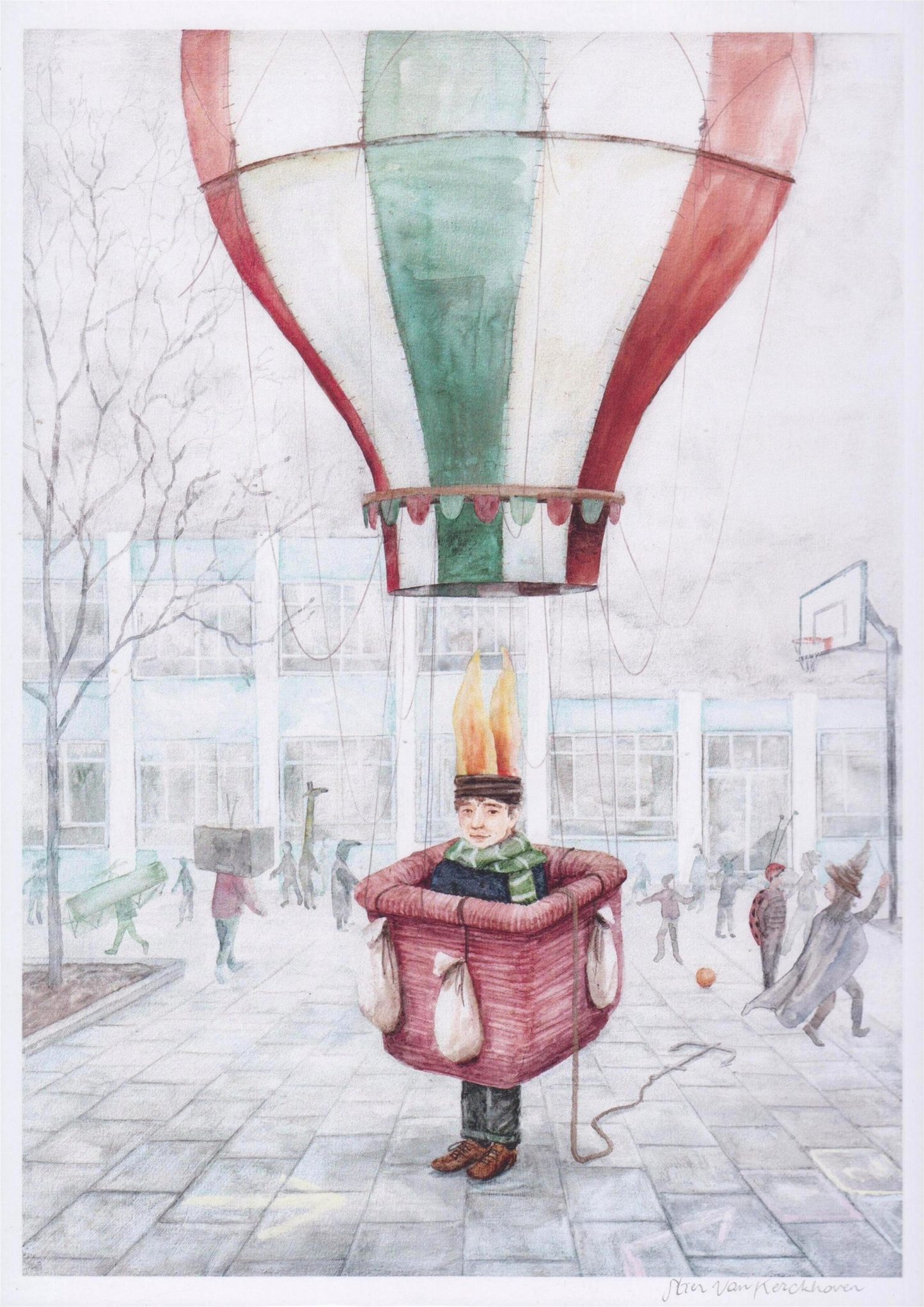 Whimsical illustration by Stien van Kerckhoven showing a child in a red hot air balloon basket with flames above his head, floating gently in a schoolyard among playing children. Dreamy and poetic digital art print in soft pastel tones, perfect for adding warmth and imagination to home decor.