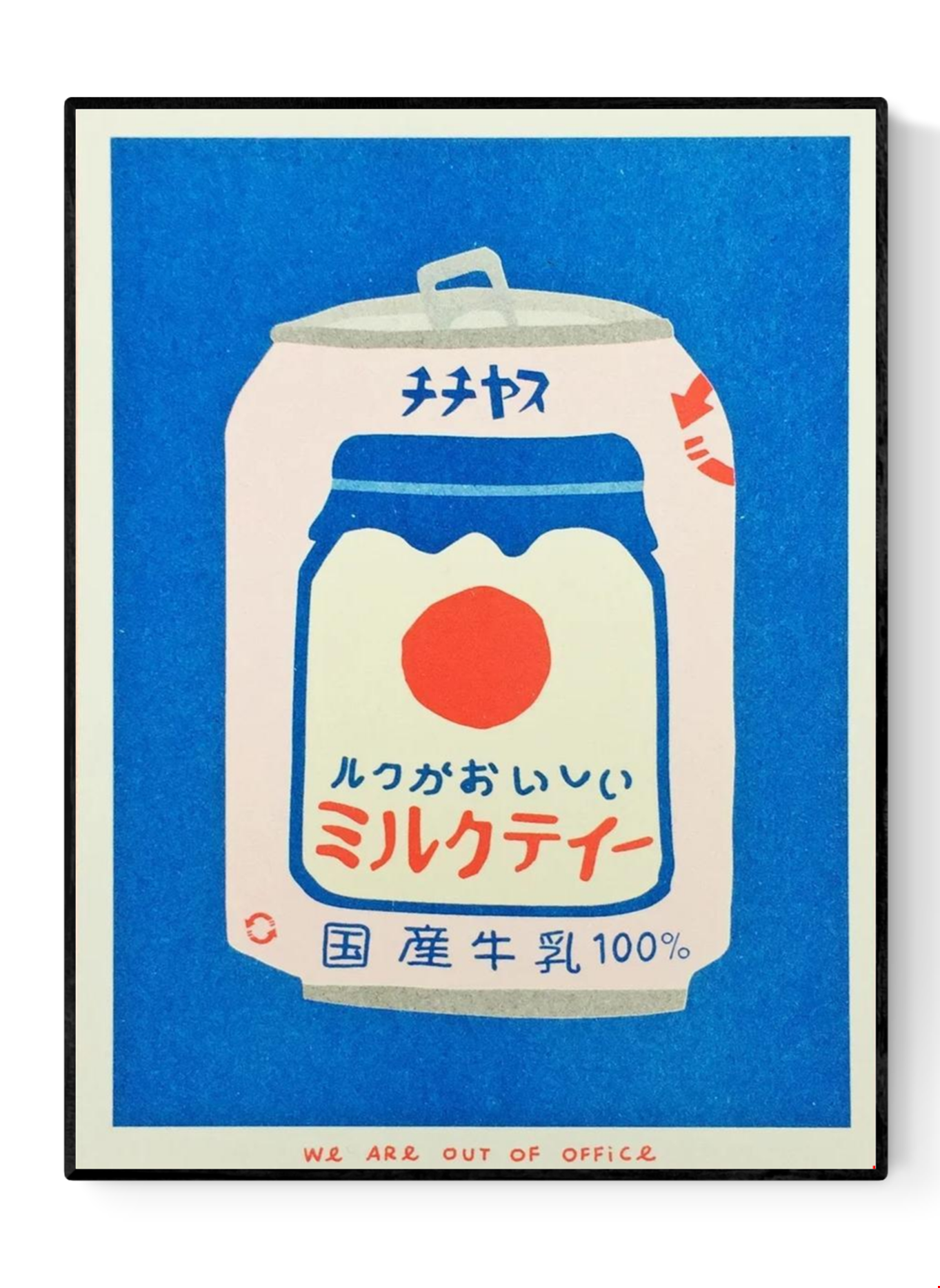 Japanese Can of Milky Tea risograph print by We Are Out of Office – bold and colorful pop-art illustration of retro Japanese drink can in blue, red, and cream tones, printed with soy ink on 300g Biotop paper.