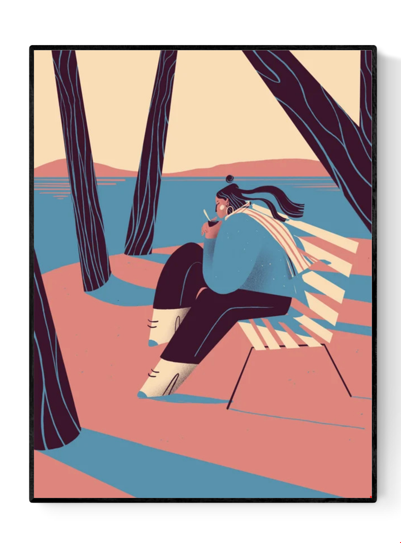 “Autumn” by Gheleyne Bastiaen – 30x40 cm art print of a woman sitting by the lake, sipping wine, with flowing scarf and soft shadows in pink, blue and cream tones, digital Belgian illustration.