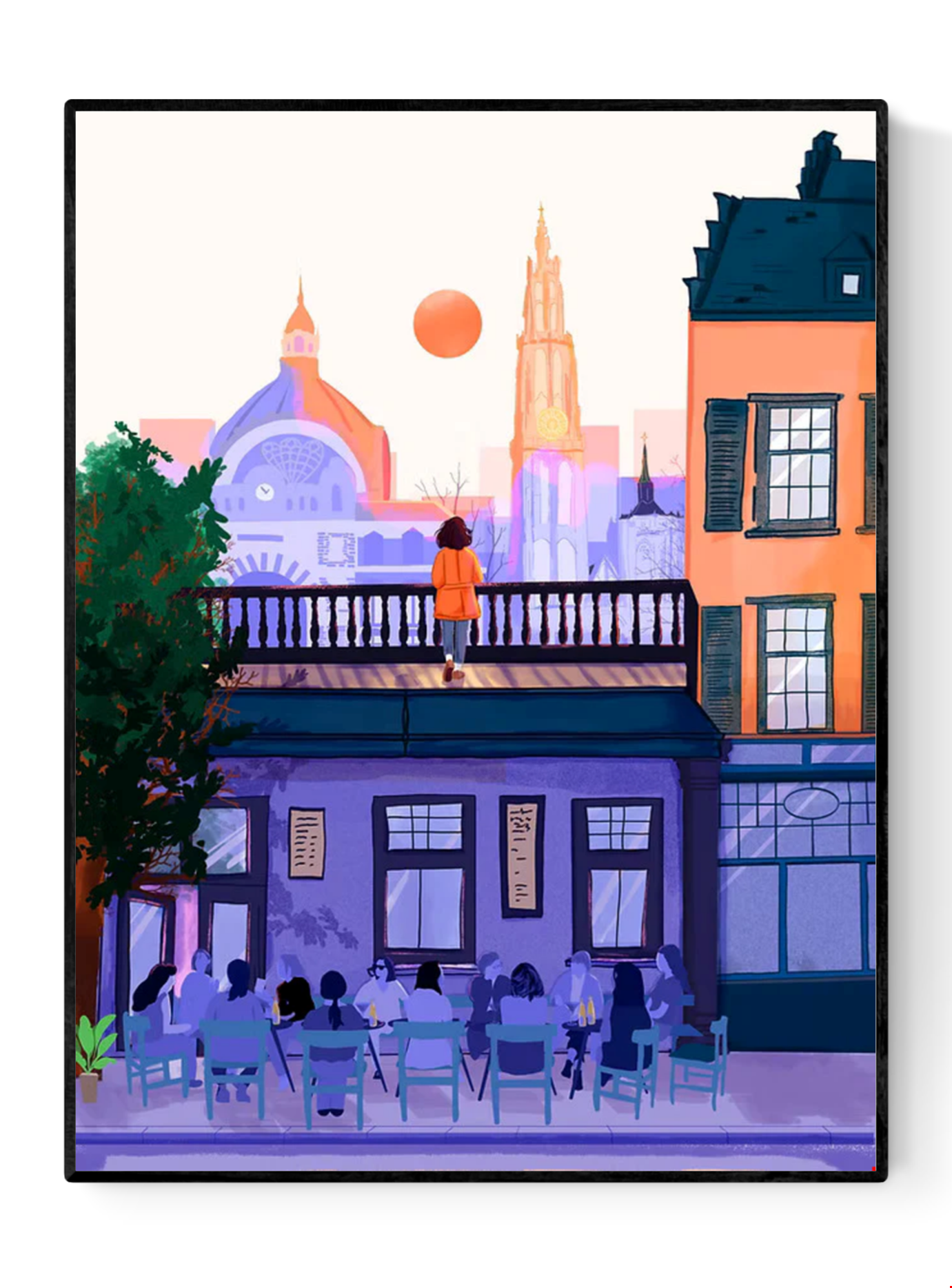 Illustrated cityscape of Antwerp by Mexican artist Valeria Maggiani – warm sunset tones, iconic skyline, Cathedral of Our Lady, terrace with people, printed in Belgium under the artist's supervision, signed and numbered A4 digital art print – modern wall art for city and travel lovers.