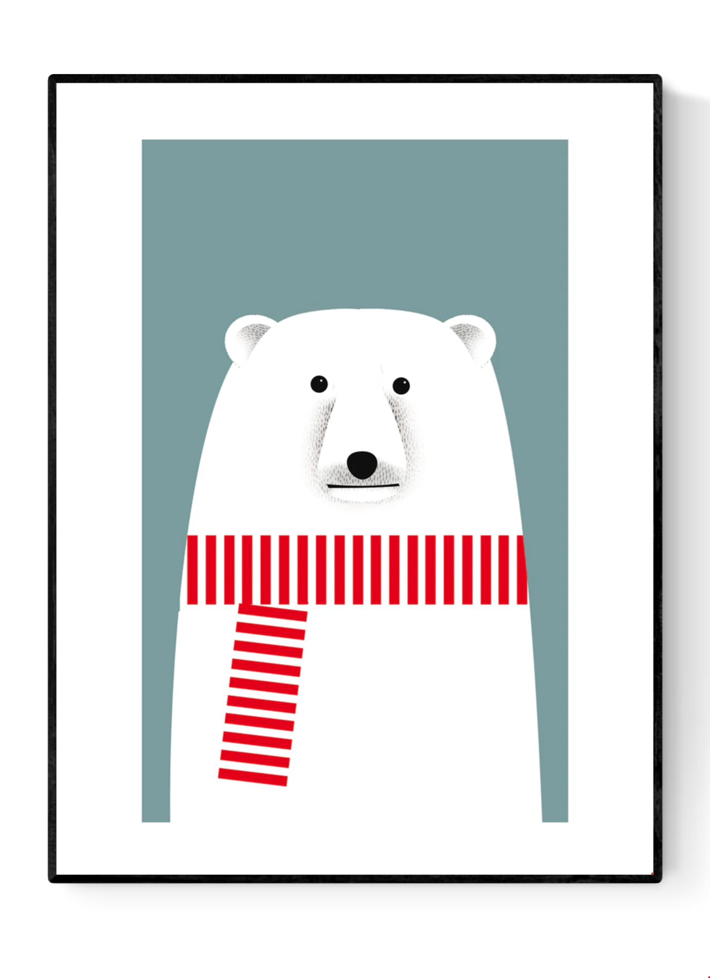 Minimalist illustration by Studio Frits of a charming polar bear wearing a bold red and white striped scarf against a soft blue background. Clean lines and Scandinavian-inspired design make this print a playful yet stylish addition to modern nurseries, seasonal decor, or minimalist art collections