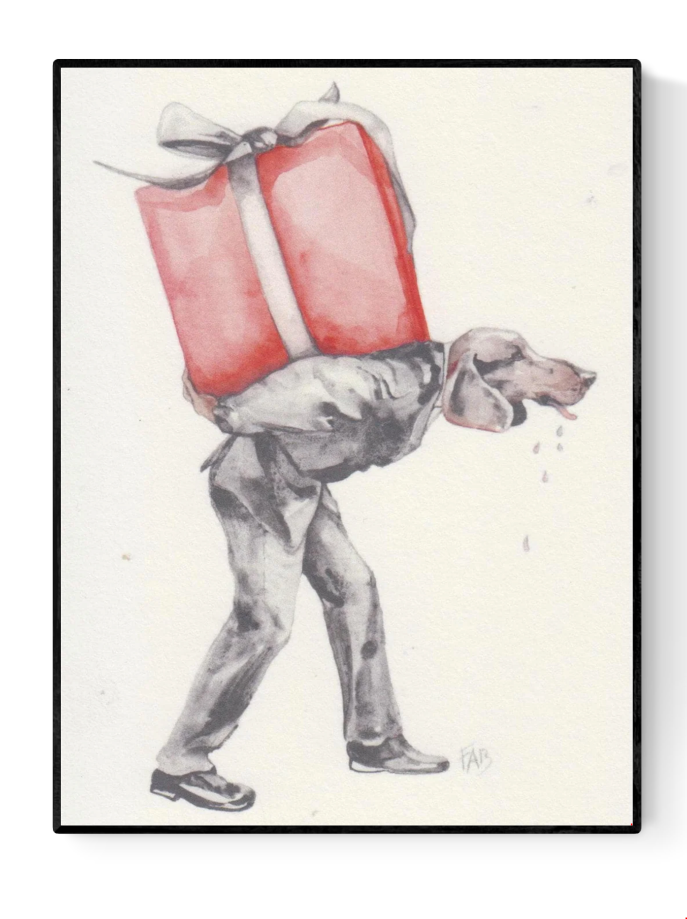 For You art card by Belgian artist FAB, A6 size (10.5 x 14.8 cm) printed on 300g Munken Pure Rough paper, featuring a surreal anthropomorphic figure with a dog’s head carrying a large red gift box, painted in watercolor with humorous and whimsical detail.