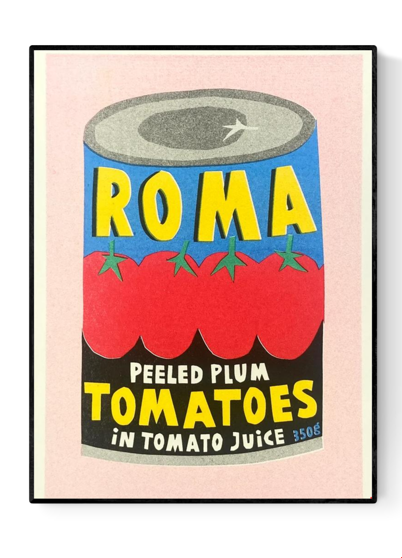 Risograph art print of a colorful Roma plum tomato can by We Are Out Of Office, printed with soy ink on 300g Biotop paper – quirky pop art kitchen wall decor in red, blue, and yellow, ideal for food lovers and design enthusiasts.