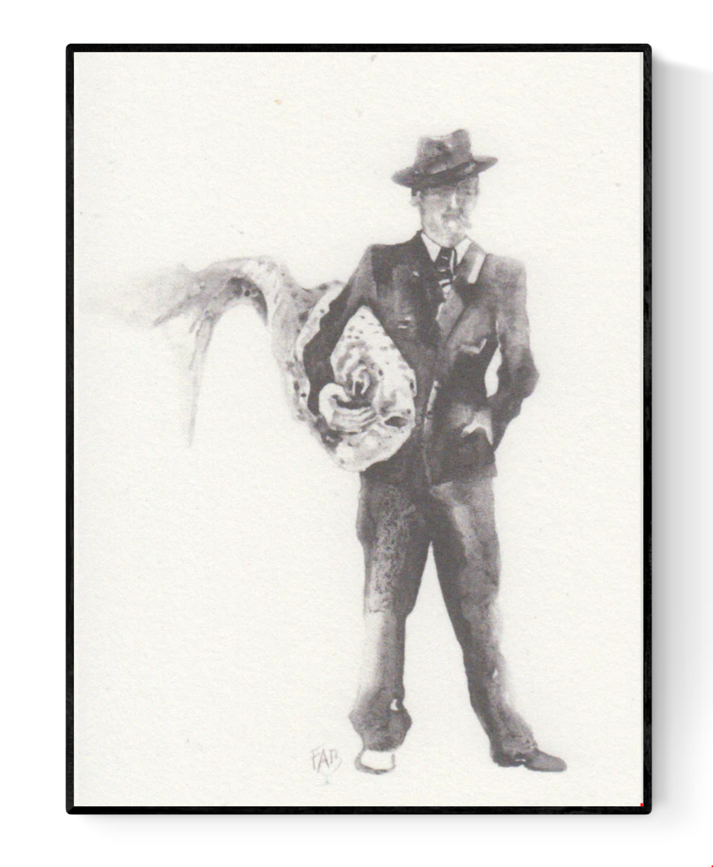 Surreal black and white illustration of a man in a suit holding a large fish in place of his torso – Man with Fish by Belgian artist FAB, A6 art print.