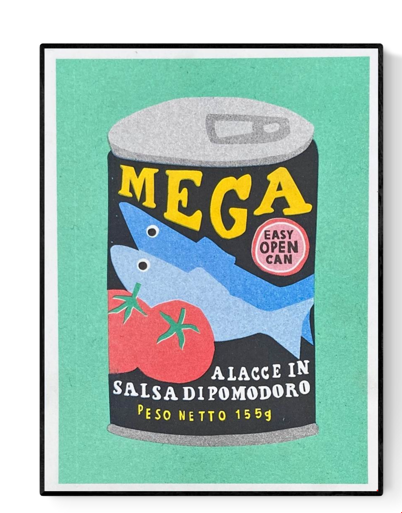 Colorful risograph print titled Can Mega Sardines by Dutch studio We Are Out Of Office, featuring a vintage-style sardine can design with tomatoes and bold typography, printed with eco-friendly soy inks on Biotop 300g paper — perfect for modern kitchen or pop art lovers.