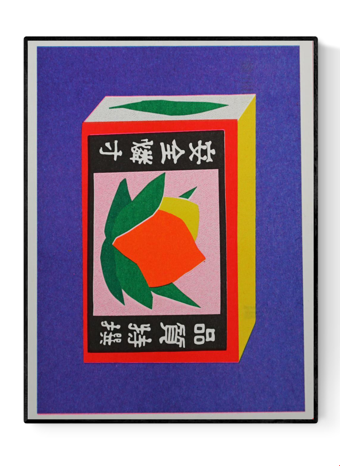 Colorful risoprint of a vintage Japanese matchbox with bold fruit illustration and kanji symbols, modern wall art by We Are Out Of The Office, 13 x 18 cm print made in the Netherlands.