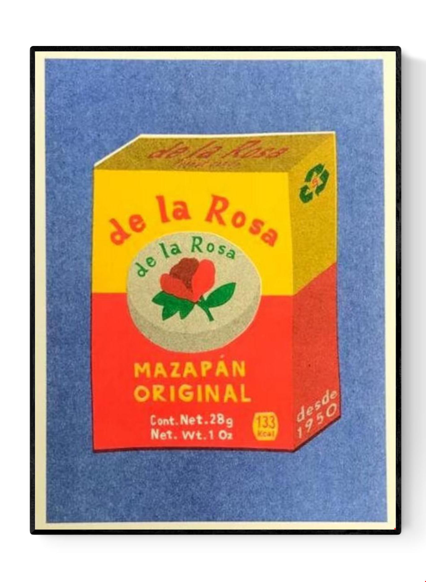 Mazapan Original risograph print by We Are Out of Office – colorful pop-style illustration of a traditional Mexican marzipan candy box, printed with soy ink on 300g Biotop paper in the Netherlands.
