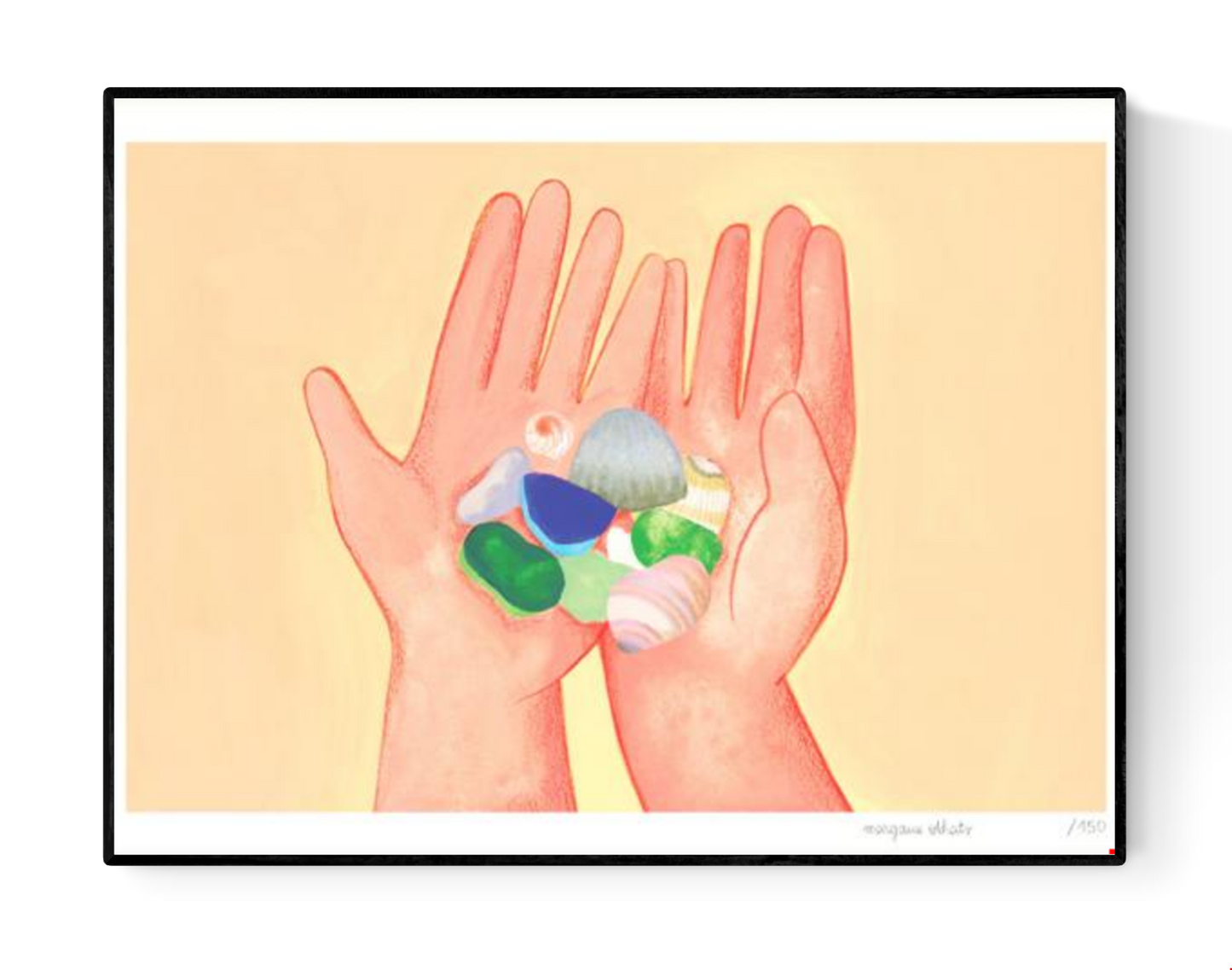 Coquillages by French illustrator Margaux Othats, A3 (29.7 x 42 cm) risograph print in delicate pastel colors. The artwork shows two hands holding seashells and sea glass, evoking summer memories and tenderness. Printed on 150g Munken Print White paper, limited edition of 150 signed and numbered copies, made in Belgium, unframed, packaged with protective sleeve and cardboard backing.