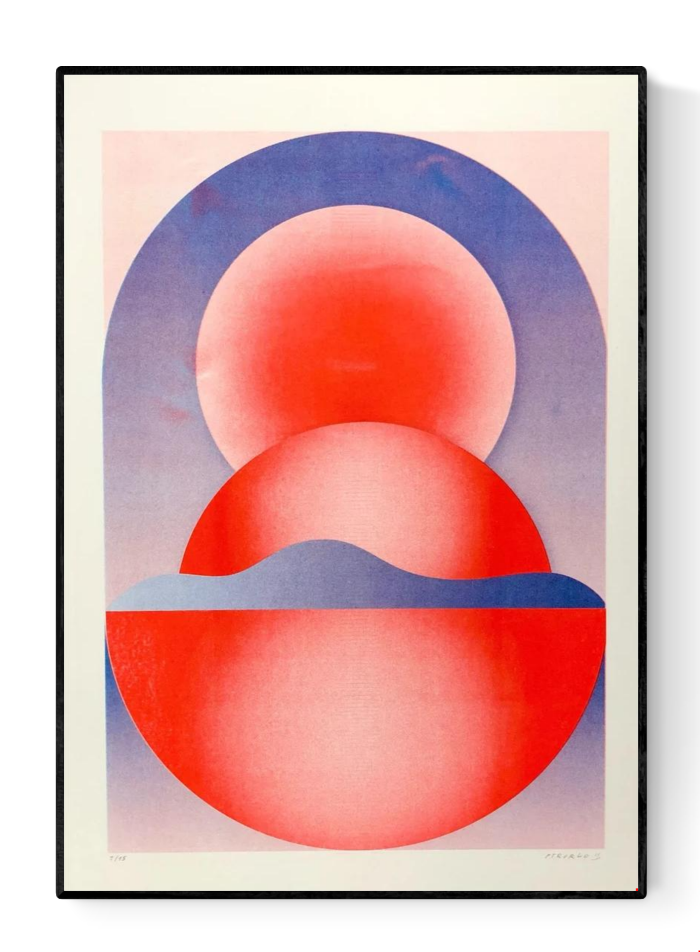 Abstract geometric risograph print by Dutch illustrator PTRVRKD – bold blue and red still life with circular shapes, gradients, and modern minimalist design, printed with eco-friendly soy inks on 250 gsm Biotop paper, handmade in the Netherlands – ideal contemporary wall art for design enthusiasts.
