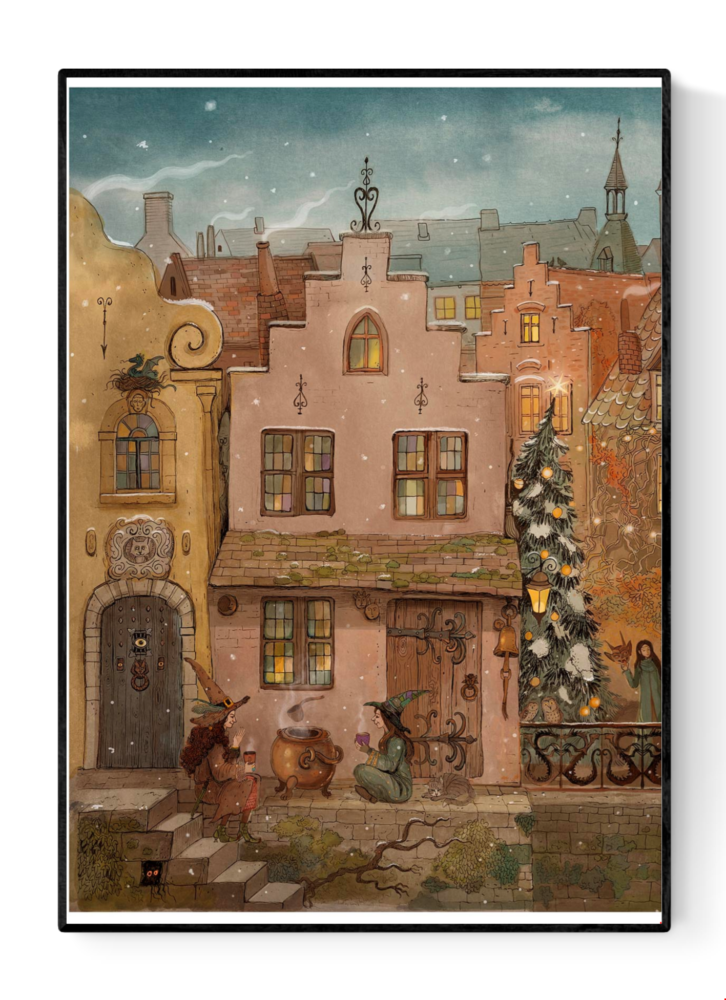 “The Potion” by Lena Yampolski – A4 fantasy art print of two witches sharing a drink in a snowy medieval village, with cozy lights, a decorated tree, and whimsical architecture. Folklore-inspired giclée print made in Belgium.