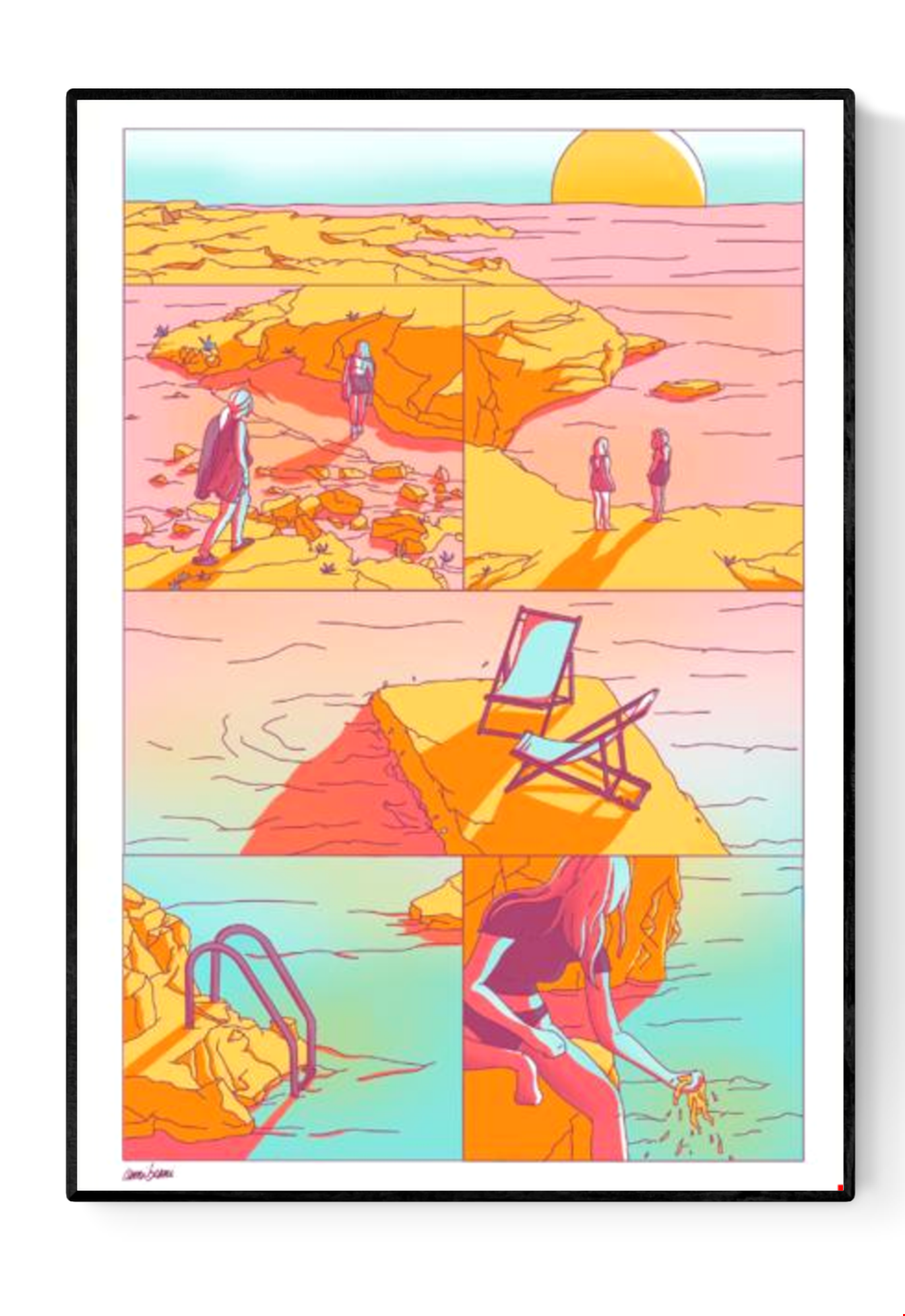 AOÛT 99 by Camille Berniard – limited edition 4-color risograph art print in warm pink, orange, and turquoise tones, depicting sunlit coastal scenes with figures and a deckchair. A nostalgic summer artwork on Munken Print White paper, signed and numbered by the French artist