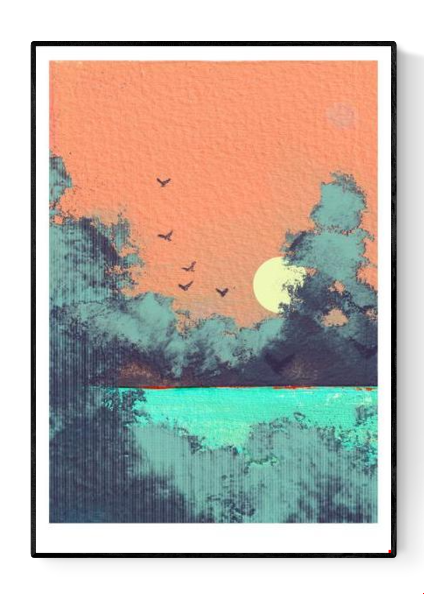 Dreamy four-color risograph art print titled Au lendemain by French artist Nattosito, featuring a soft coral sunrise over turquoise water with silhouetted trees and birds in flight. A limited edition A3 print on Munken Print White paper—perfect for modern, minimalist, and nature-inspired interiors.