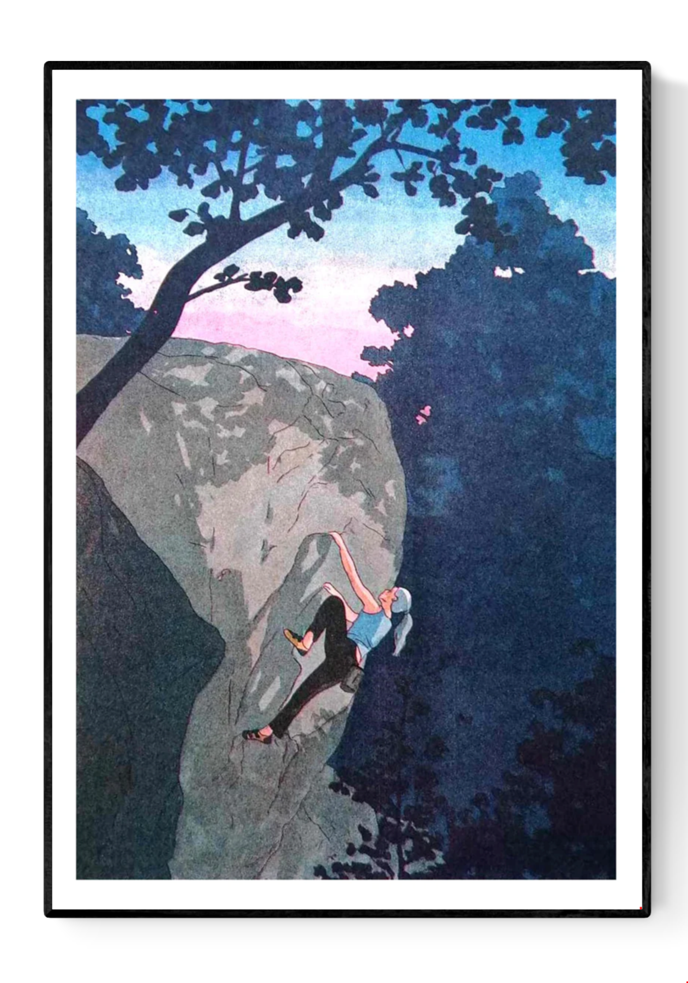 Expressive illustration by Victor Pellet titled 'Ascension Crépusculaire,' depicting a female rock climber ascending a rugged cliff face at dusk. Framed by silhouettes of trees and a soft pink-blue twilight sky, this atmospheric artwork captures the strength, solitude, and serenity of climbing in nature—ideal for outdoor enthusiasts, adventure art collectors, and modern interiors