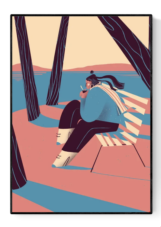 “Autumn” by Gheleyne Bastiaen – 30x40 cm art print of a woman sitting by the lake, sipping wine, with flowing scarf and soft shadows in pink, blue and cream tones, digital Belgian illustration.