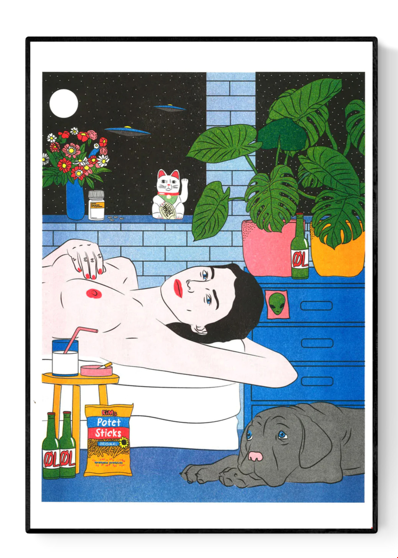 Colorful risograph illustration by Kine Andersen showing a woman lying in a bathtub at night with a dog, plants, beer bottles, and UFOs in the sky. A surreal, pop-art style scene exploring solitude, femininity, and modern life through vivid red, blue, and green tones.