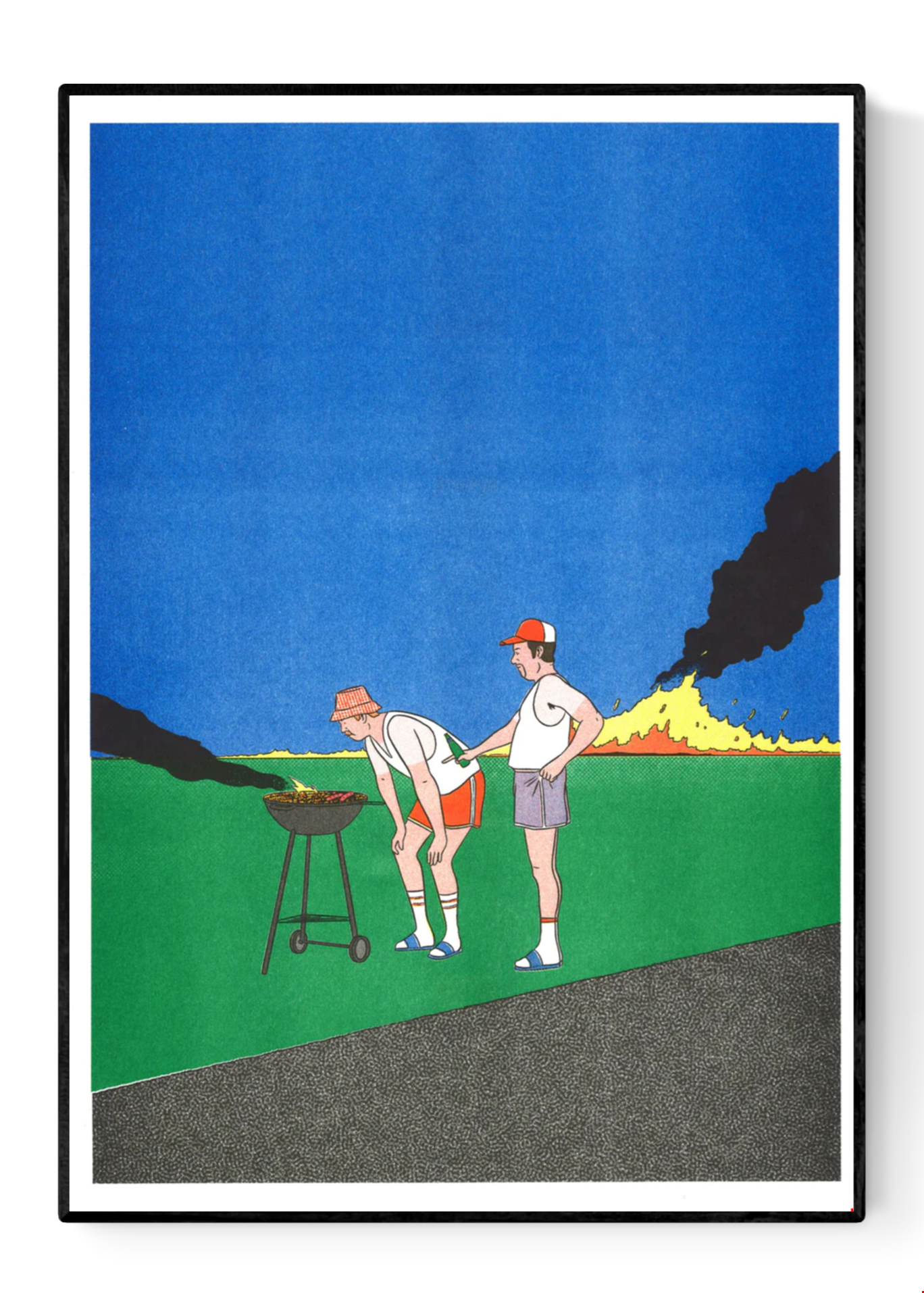 Barbeuc by Simon Bailly risograph print – two men at a barbecue with smoke and fire in a vivid blue and green landscape. A playful, colorful French illustration mixing humor, everyday life, and comic-style minimalism. Perfect contemporary wall art for design lovers.