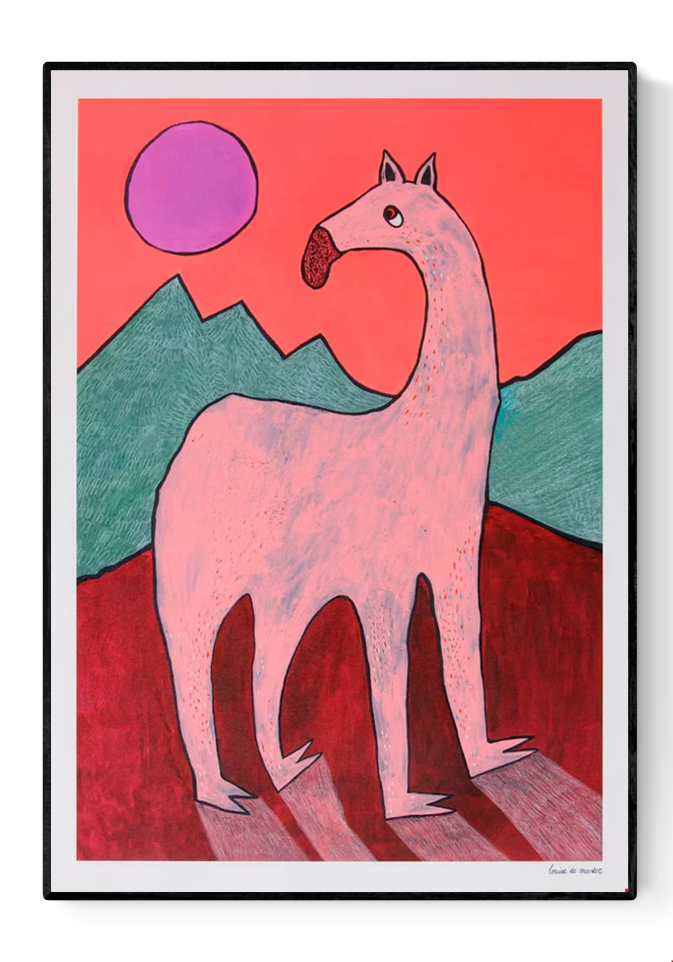 Playful and surreal illustration titled 'Beest 1' by Louise de Meester, featuring a quirky pink creature with an elongated neck set against bold red mountains, green hills, and a purple sun – a whimsical and bold art print for contemporary interiors