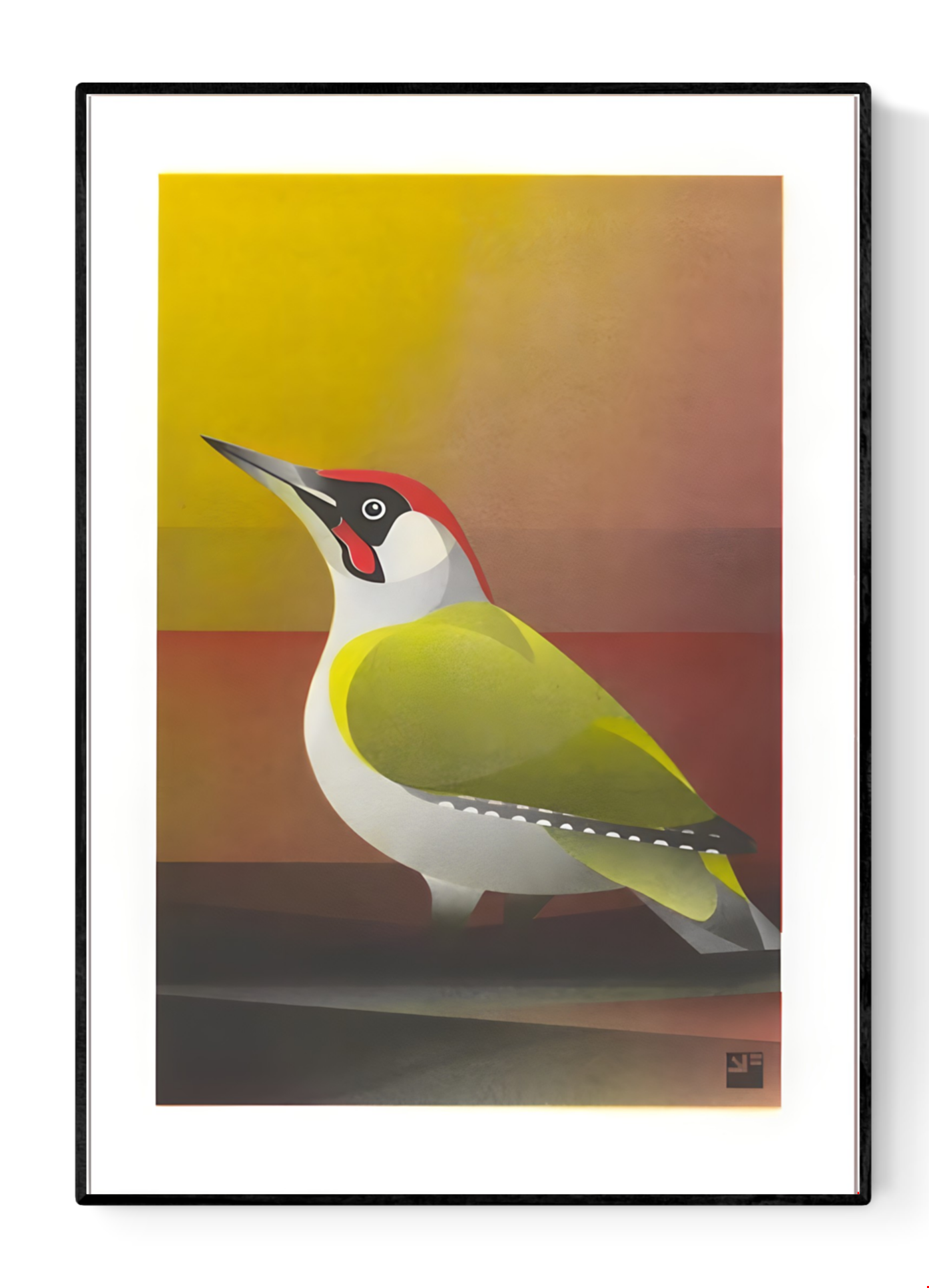 Colorful risograph art print of a European Green Woodpecker (Picus viridis) by VrijFormaat, minimalist bird illustration in yellow, green, and red tones on A4 eco-friendly paper – modern wall art made in the Netherlands